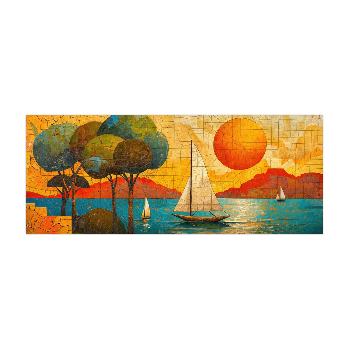 Küchenrückwand aus Glas Segelboote im Mosaik im Hochformat, Motiv bildfüllend von vorn