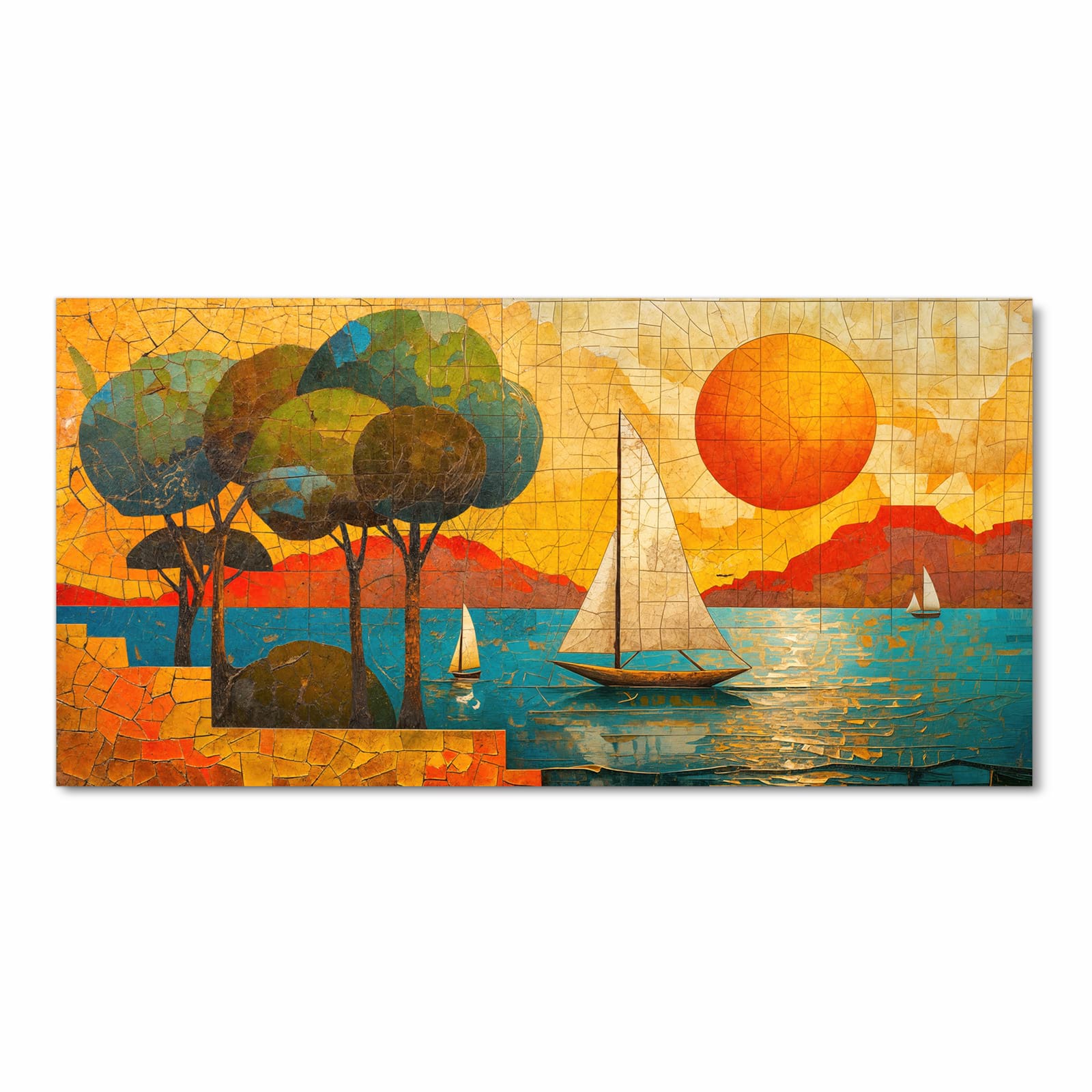 Formstabiler rutschfester Küchenteppich mit Motiv Segelboot im Sonnenuntergang in Frontansicht