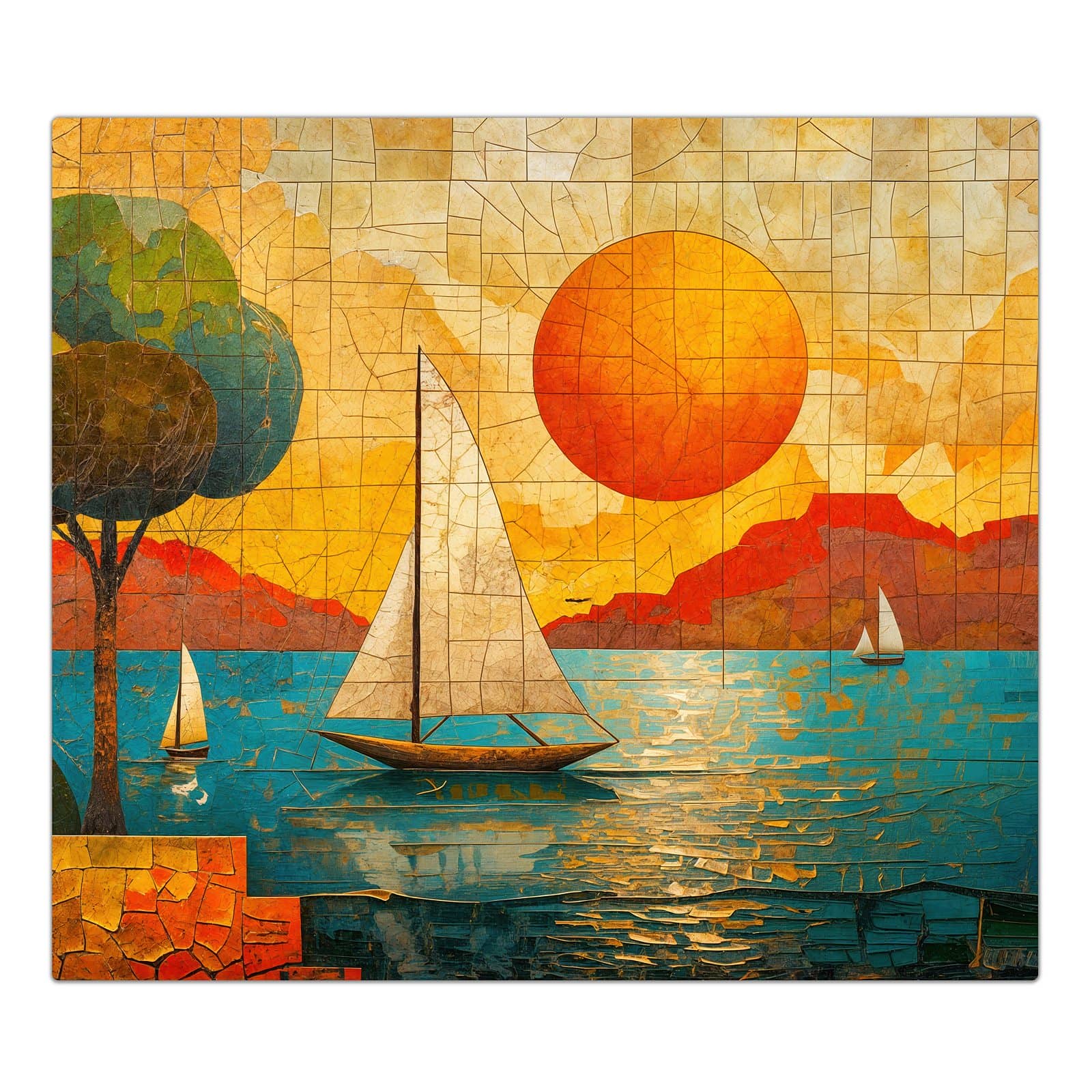 1-teilige Ceranfeld Abdeckplatten mit Segelboot im Sonnenuntergang-Motiv in der Frontansicht #grösse_1-Teilig (60x52cm)