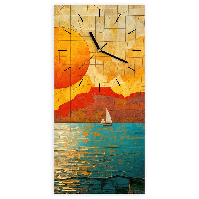 Wanduhr Segelboot im Sonnenuntergang aus Glas – Hochformat 30 × 60 cm mit Ziffernblatt Linie