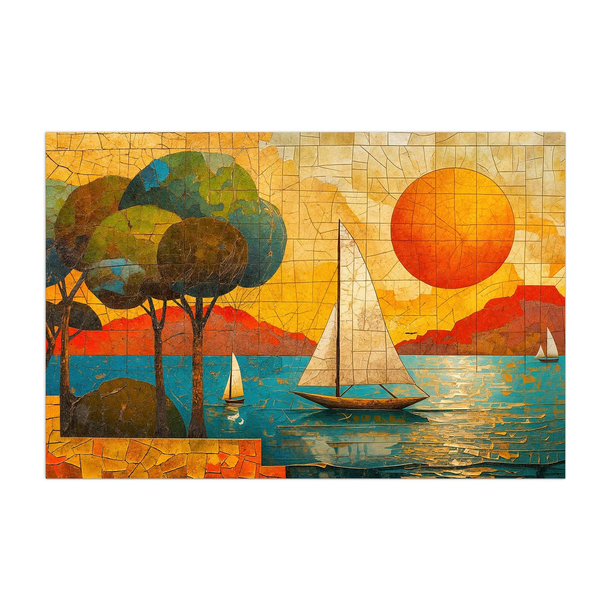 Küchenrückwand aus Glas Segelboote im Mosaik im Hochformat, Motiv bildfüllend von vorn