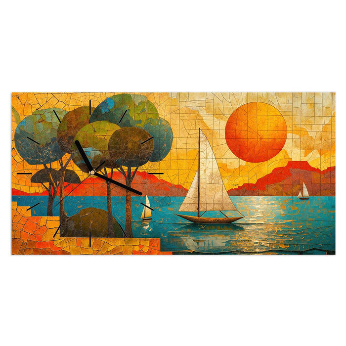 Wanduhr Segelboot im Sonnenuntergang aus Glas – Querformat 60 × 30 cm mit Ziffernblatt Linie
