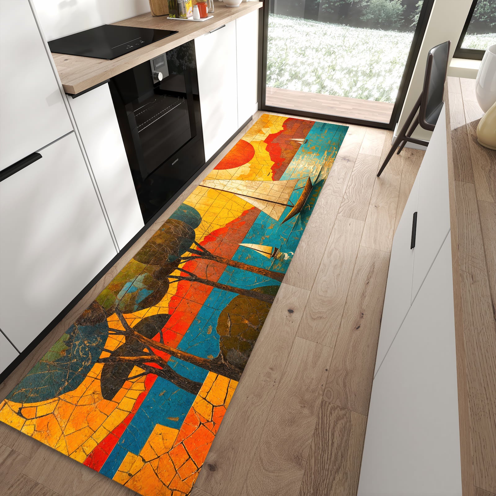 Bodenschonender rutschfester Küchenläufer mit Motiv Segelboot im Sonnenuntergang in moderner Küche