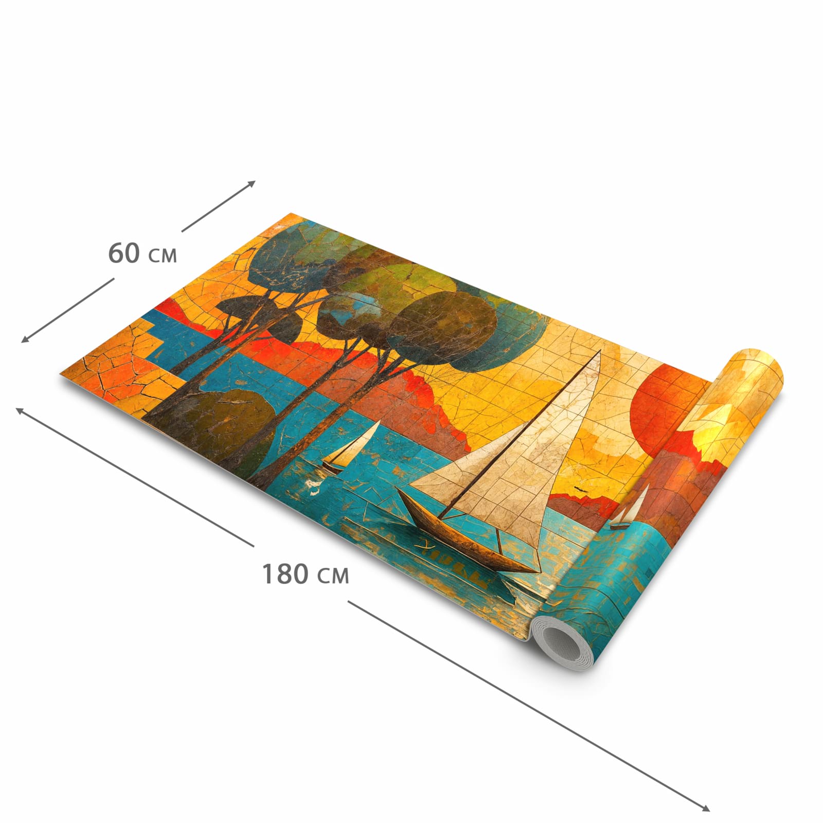 Farbbeständiger Küchenteppich mit Motiv Segelboot im Sonnenuntergang in der Grösse 60x300 cm