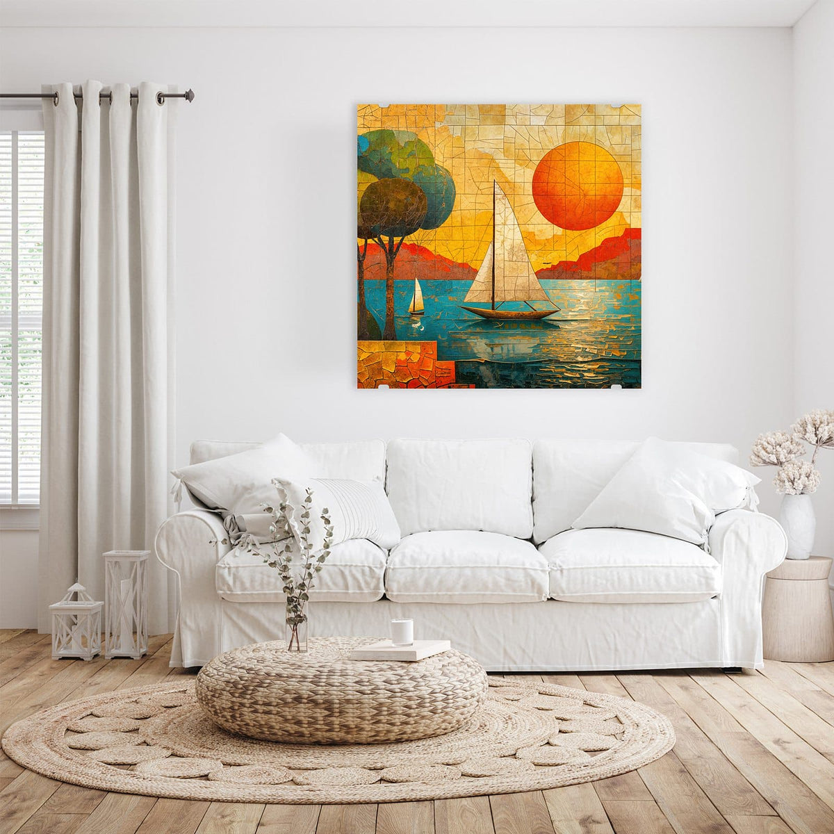 Glasbild Segelboote im Mosaik an der Wand – Mosaikbild aus Bruchstücken: zwei Segelboote, große orange Sonne, Bäume am Ufer