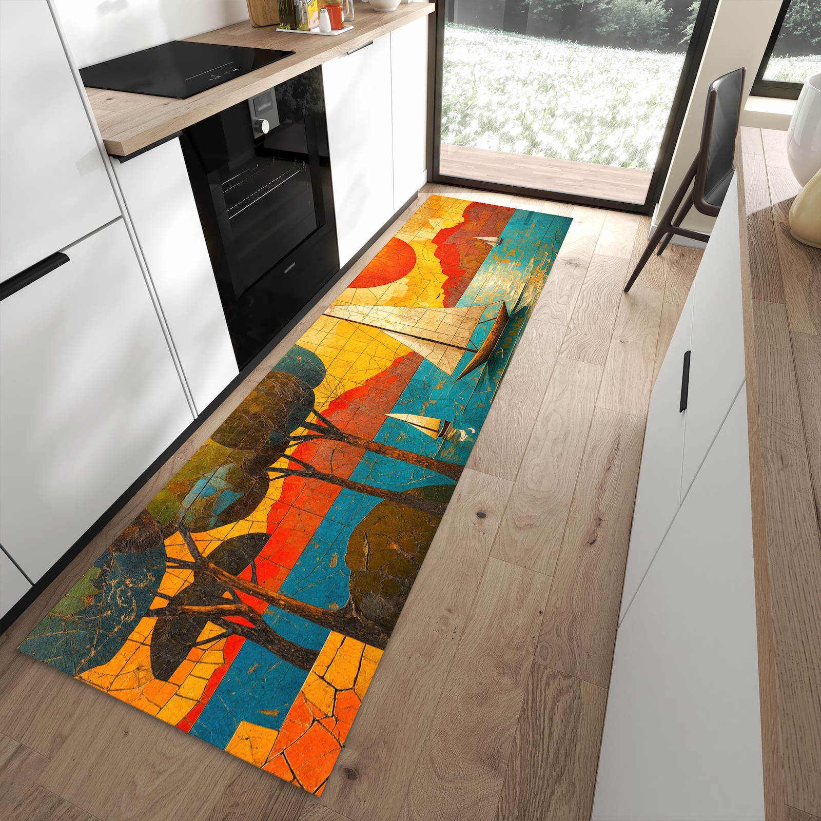 Feuchtigkeitsresistenter waschbarer Küchenläufer mit Motiv Segelboot im Sonnenuntergang in moderner Küche