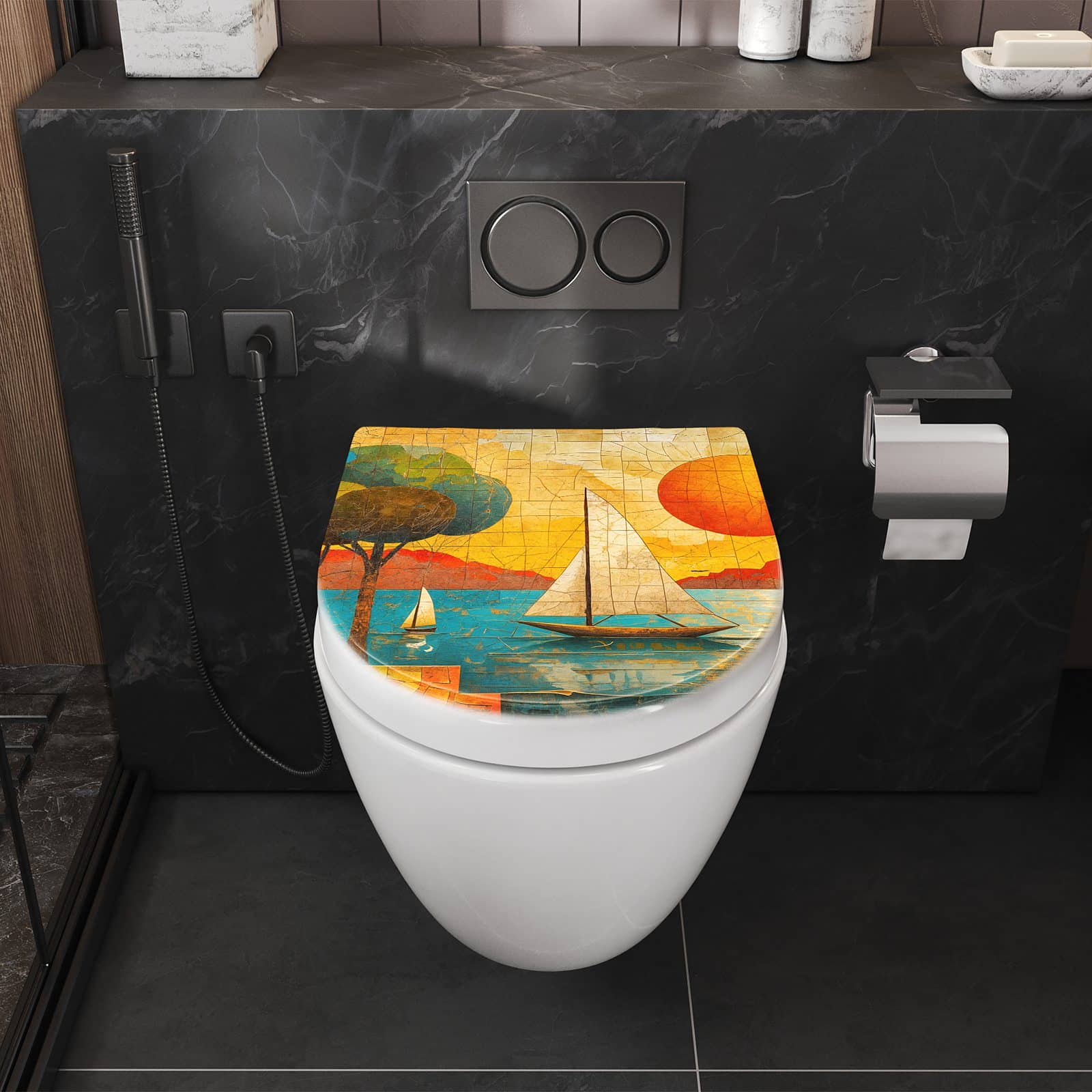 WC-Sitz mit Absenkautomatik Segelboot im Sonnenuntergang