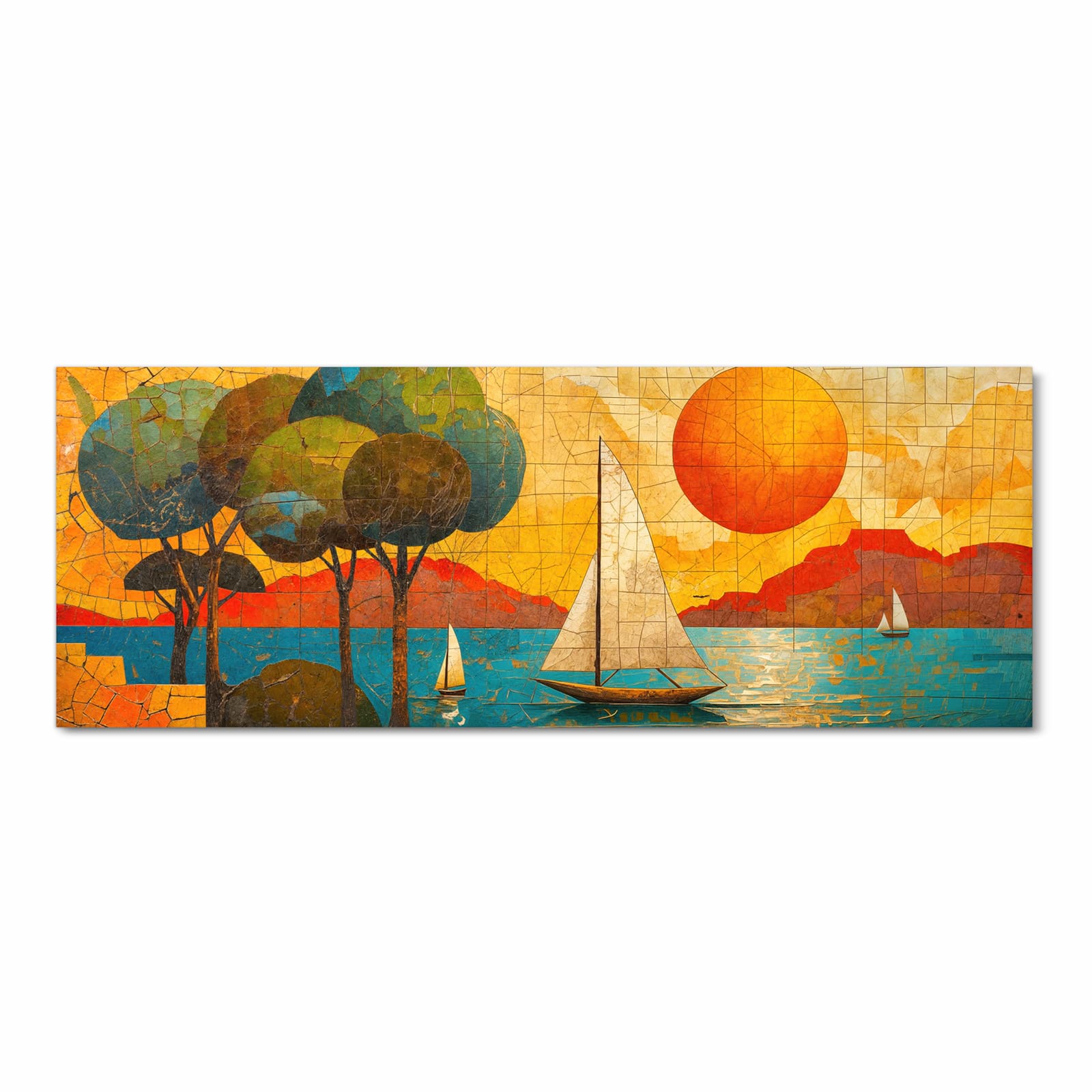 Geruchsneutraler großer Küchenteppich mit Motiv Segelboot im Sonnenuntergang in Frontansicht