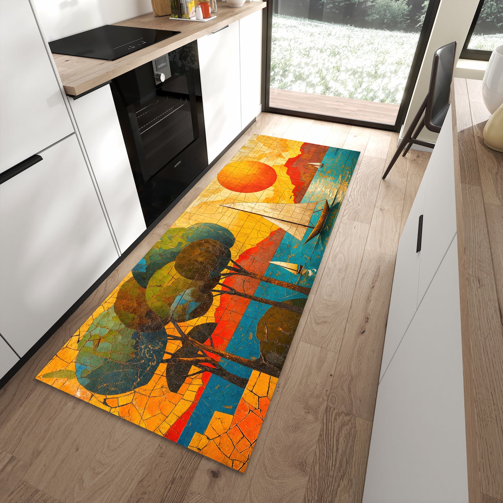 Bodenschonender Küchenläufer nach Maß mit Motiv Segelboot im Sonnenuntergang in moderner Küche