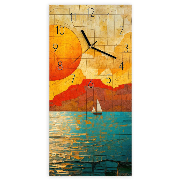 Wanduhr Segelboot im Sonnenuntergang aus Glas – Hochformat 30 × 60 cm mit Ziffernblatt Elegant