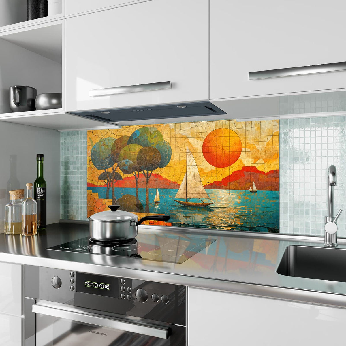Küchenrückwand aus Glas Segelboote im Mosaik im Hochformat als Spritzschutz hinter dem Kochfeld, über dem Fliesenspiegel montiert