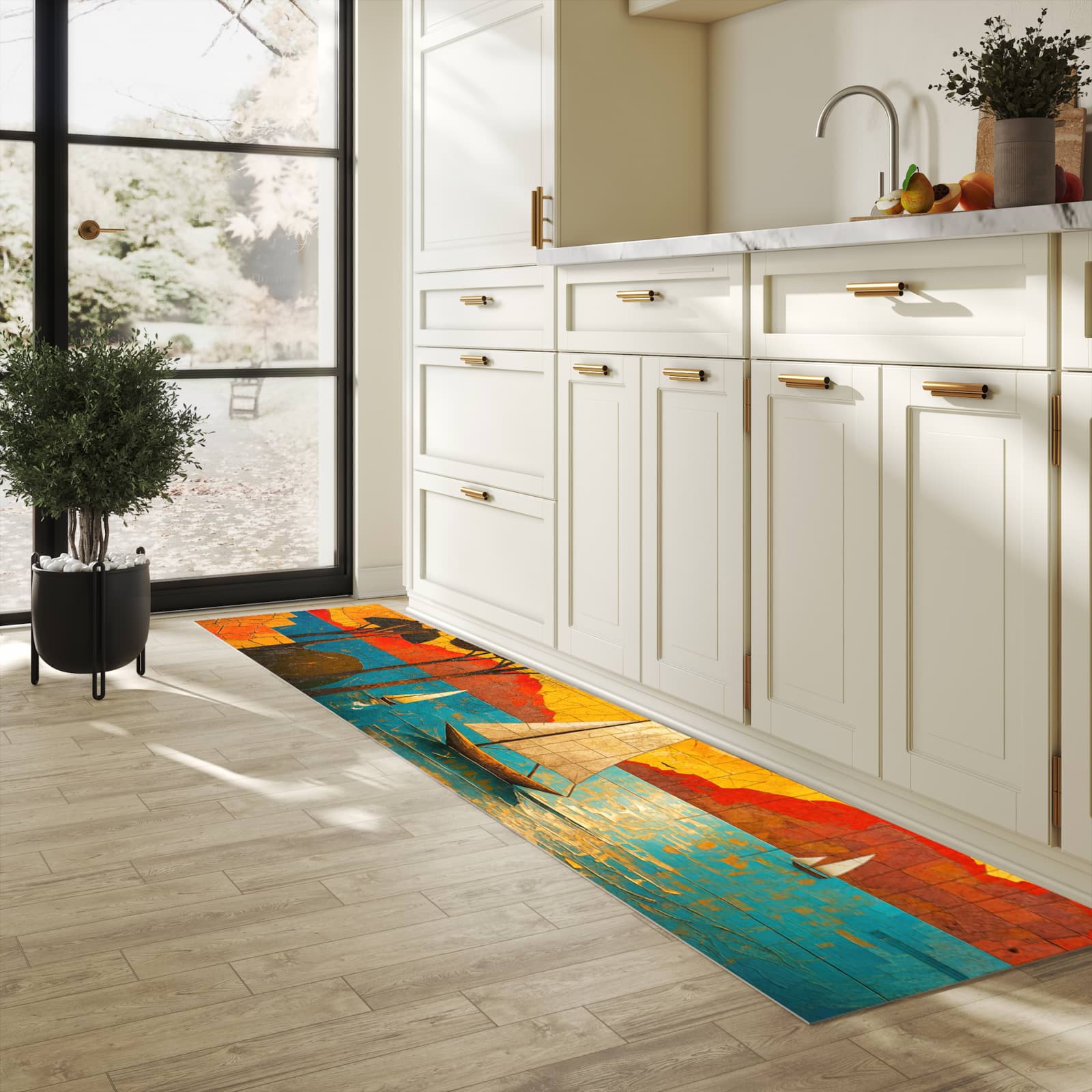 Zeitsparender waschbarer Küchenteppich mit Motiv Segelboot im Sonnenuntergang in heller Küche