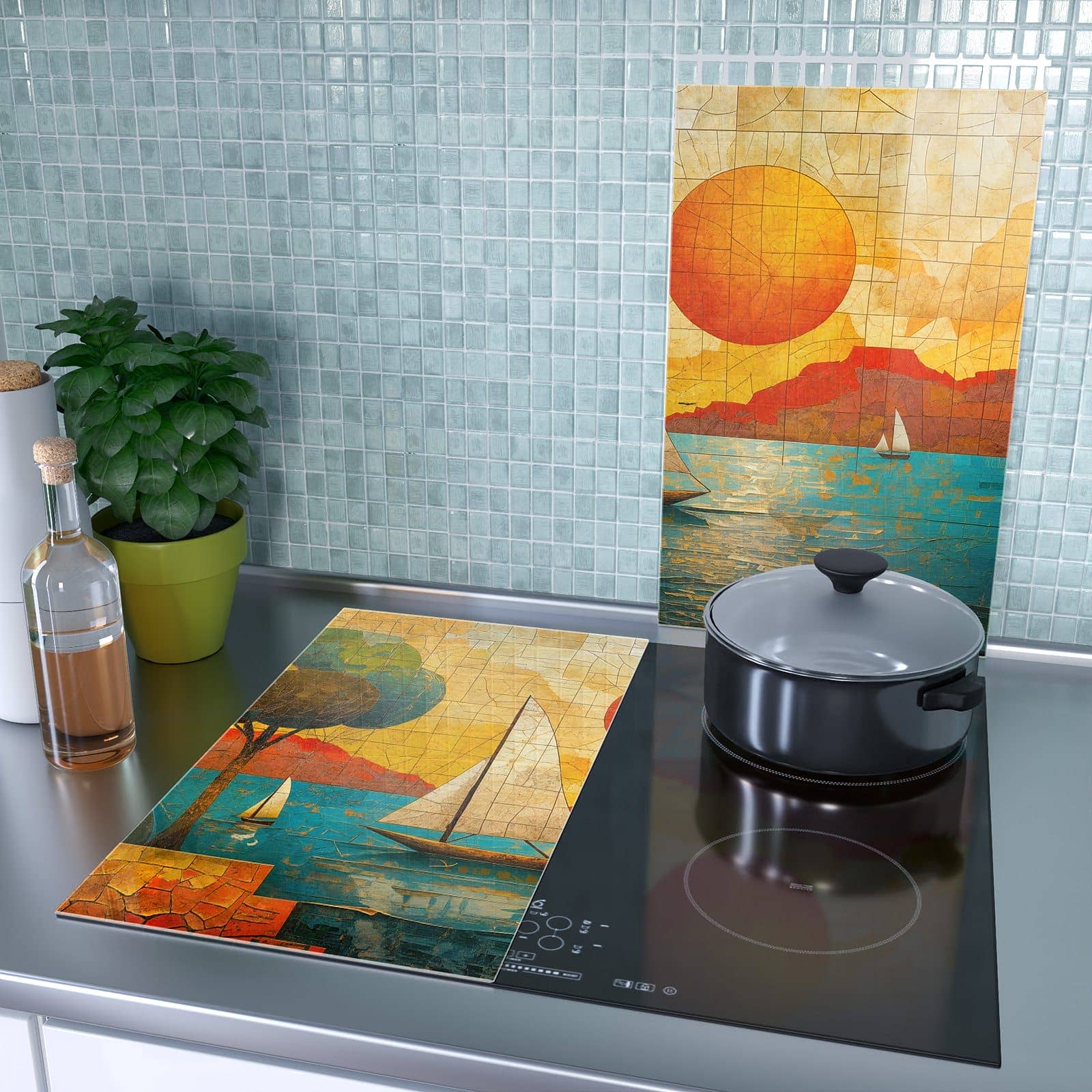 2-teilige Herdabdeckplatten für Ceranfeld mit Segelboot im Sonnenuntergang-Motiv als Spritzschutz hinter dem Kochfeld