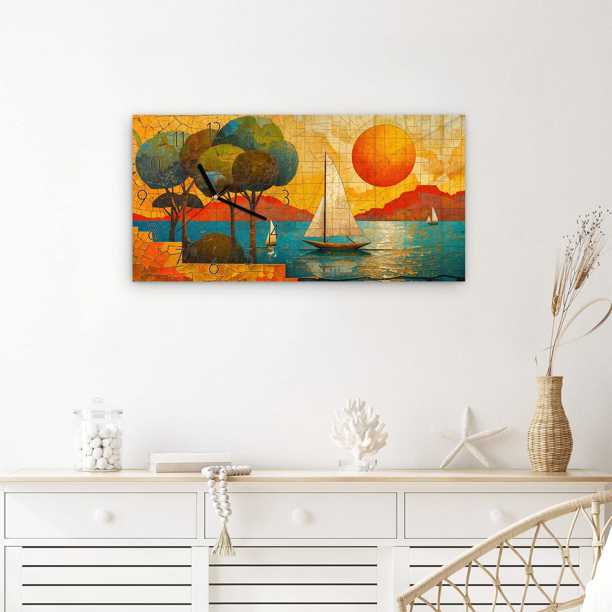 Wanduhr Segelboot im Sonnenuntergang aus Glas – Querformat 60 × 30 cm – Segelboote im Mosaik-Abendrot