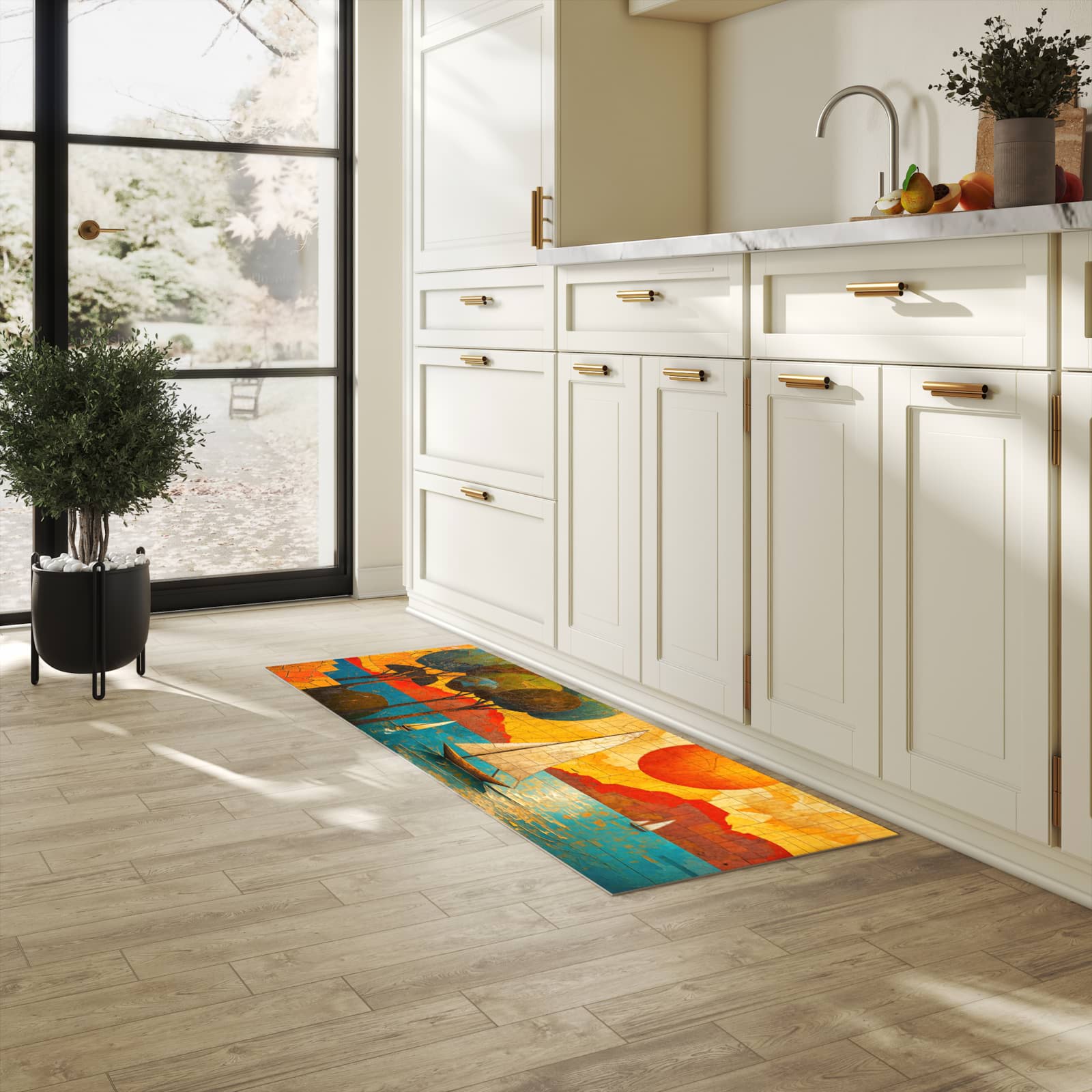 Farbbeständiger waschbarer Küchenteppich mit Motiv Segelboot im Sonnenuntergang in heller Küche