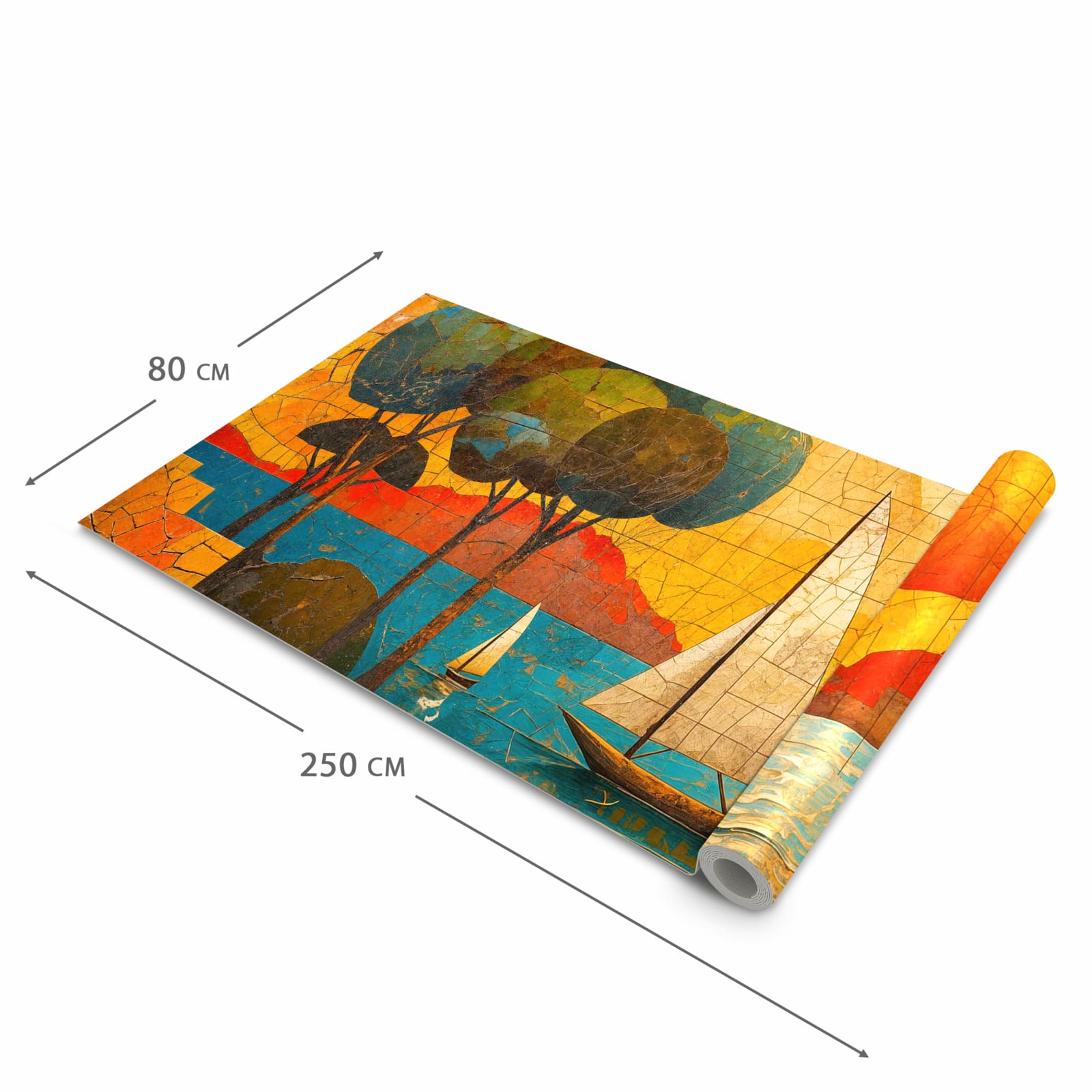 UV-beständiger waschbarer Küchenteppich mit Motiv Segelboot im Sonnenuntergang in der Größe 60x300 cm