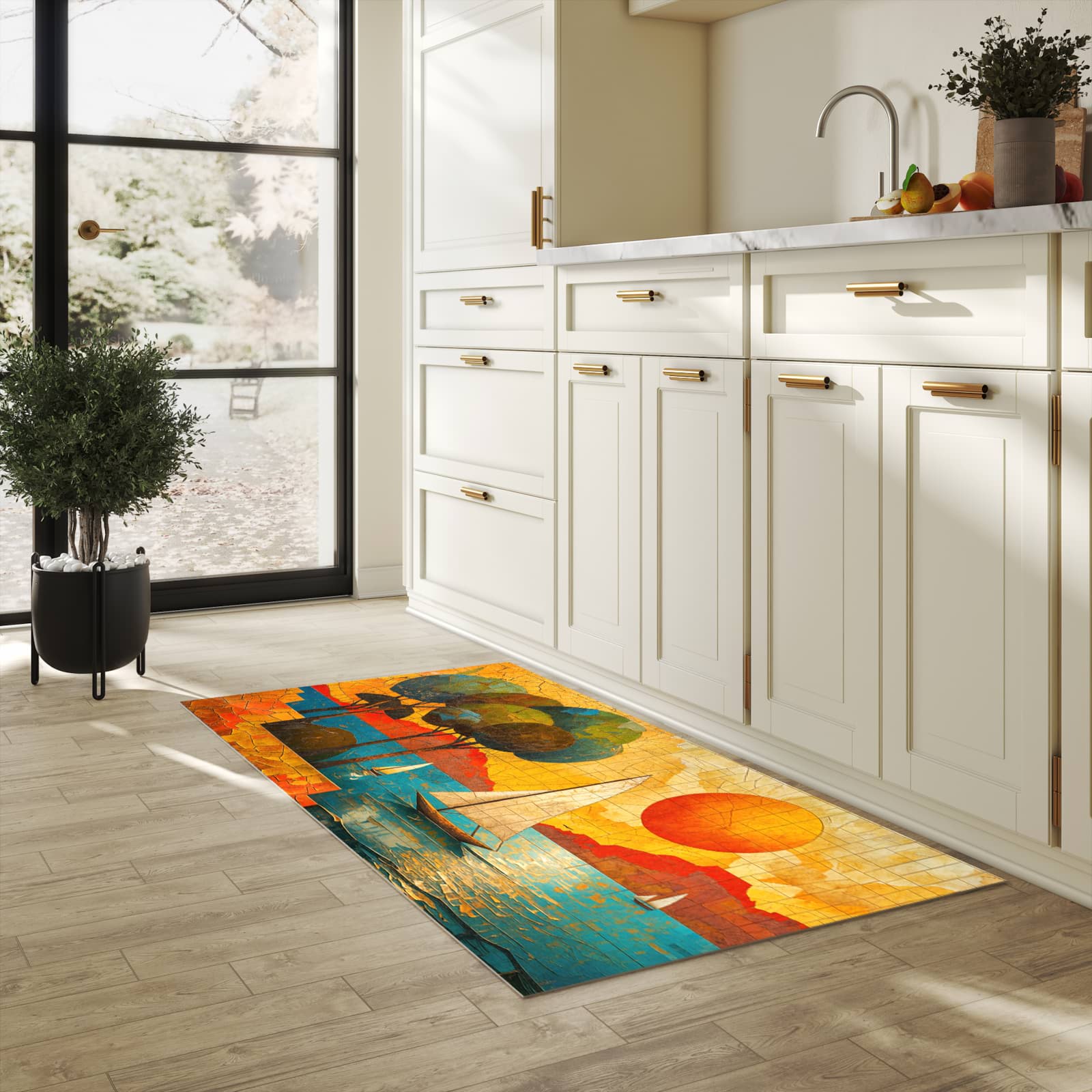 Fleckenresistenter rutschfester Küchenläufer mit Motiv Segelboot im Sonnenuntergang in heller Küche