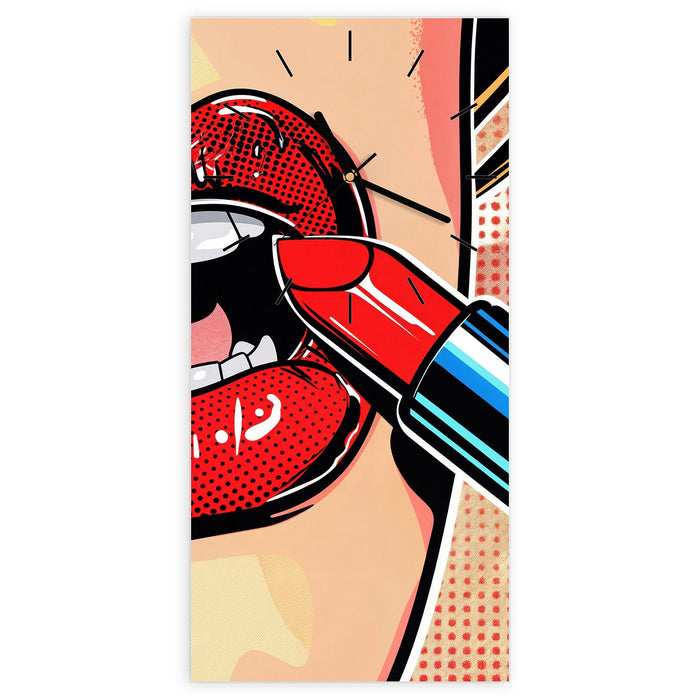 Wanduhr Lippenstift Kunst aus Glas – Hochformat 30 × 60 cm mit Ziffernblatt Linie