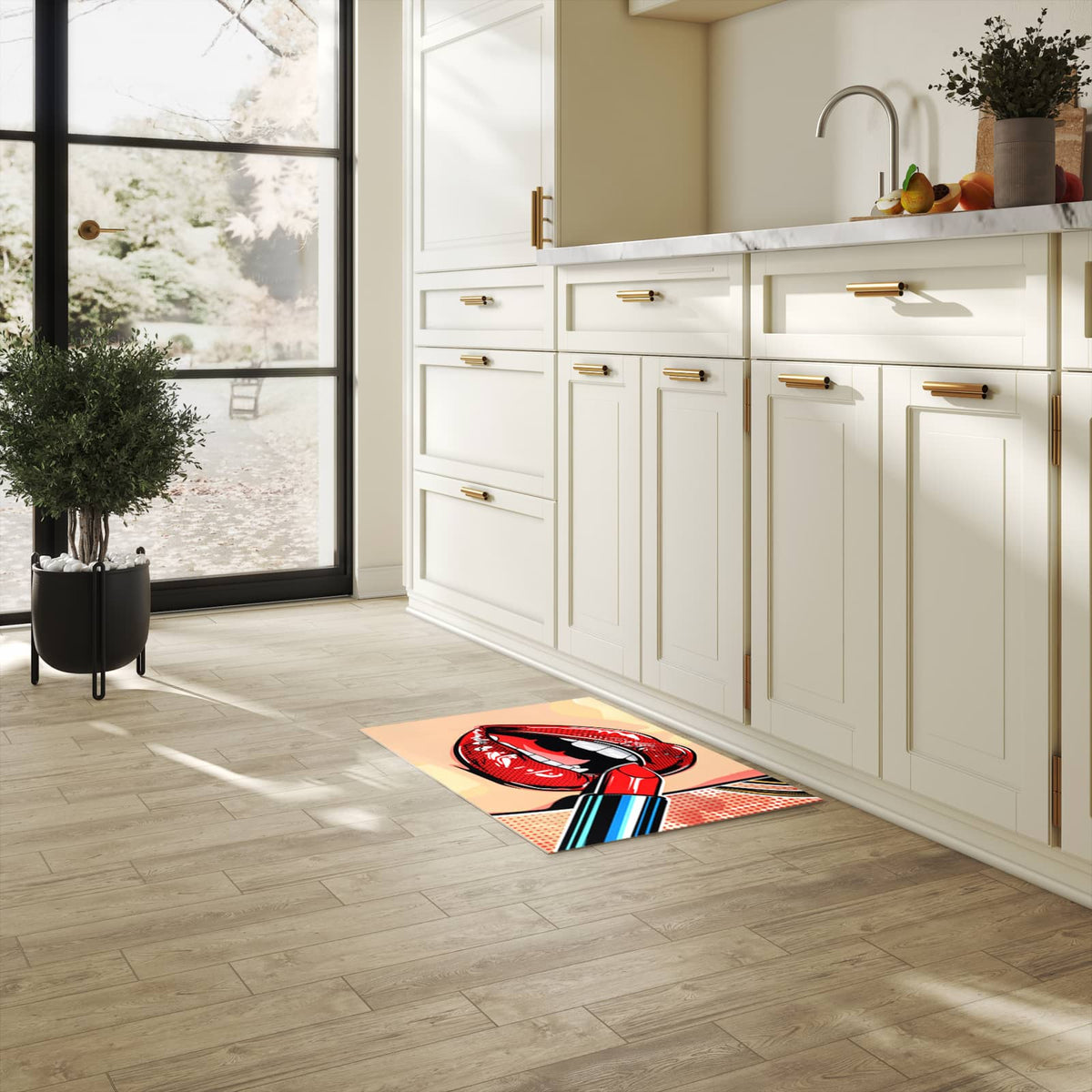 Hygienischer rutschfester Küchenteppich mit Motiv Lippenstift Kunst in heller Küche