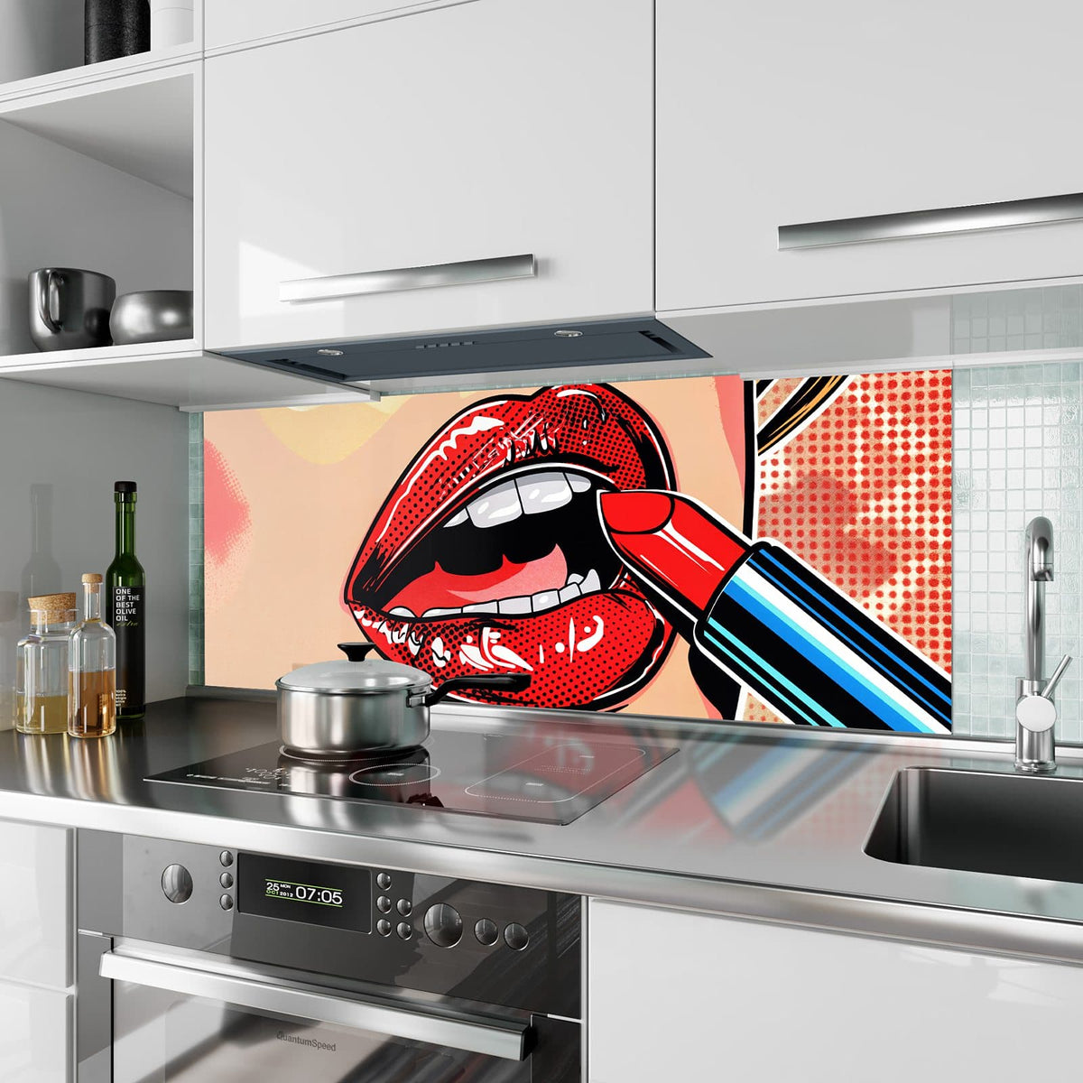 Küchenrückwand aus Glas Roter Lippenstift im Hochformat als Spritzschutz hinter dem Kochfeld, über dem Fliesenspiegel montiert