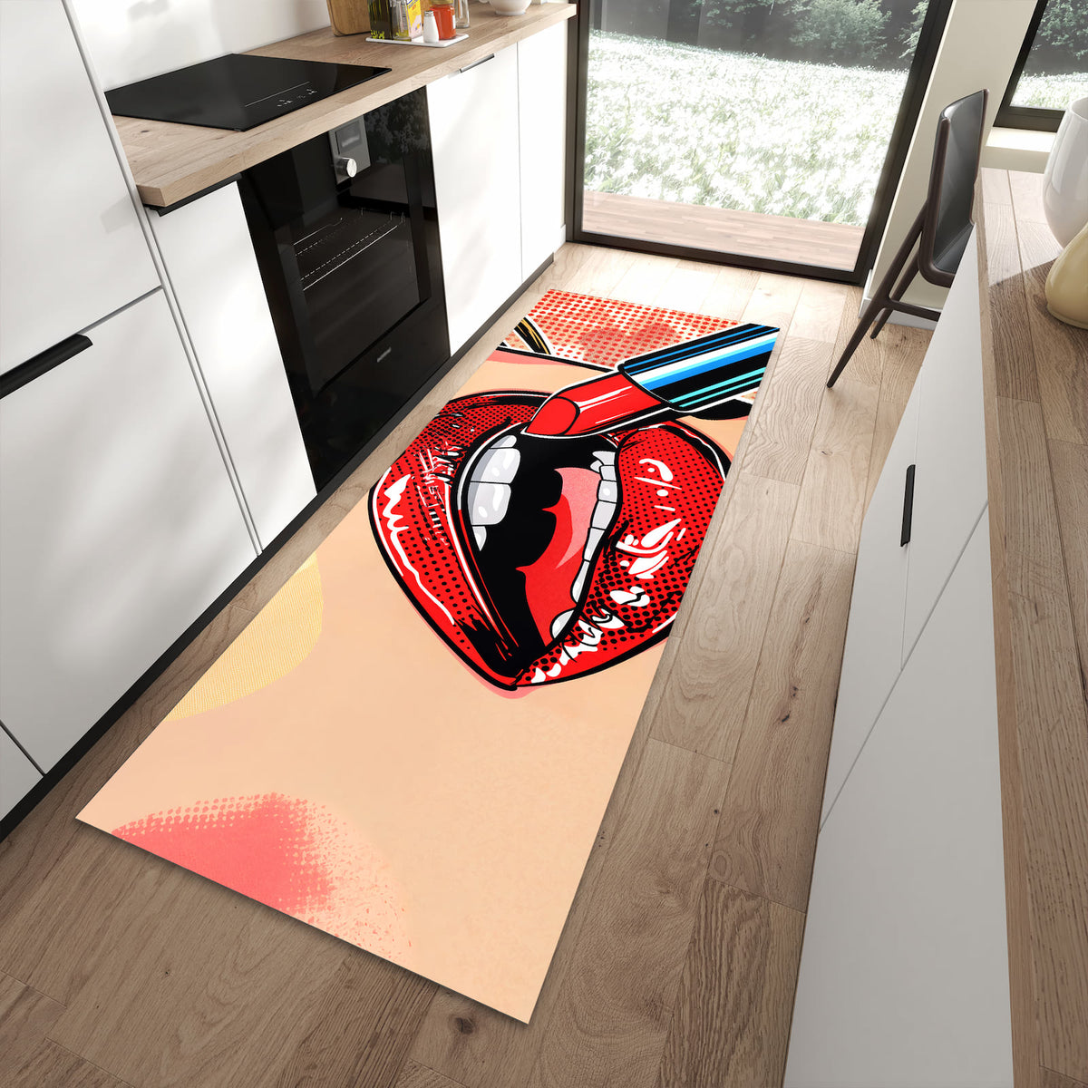 Pflegeleichter waschbarer Küchenteppich mit Motiv Lippenstift Kunst in moderner Küche