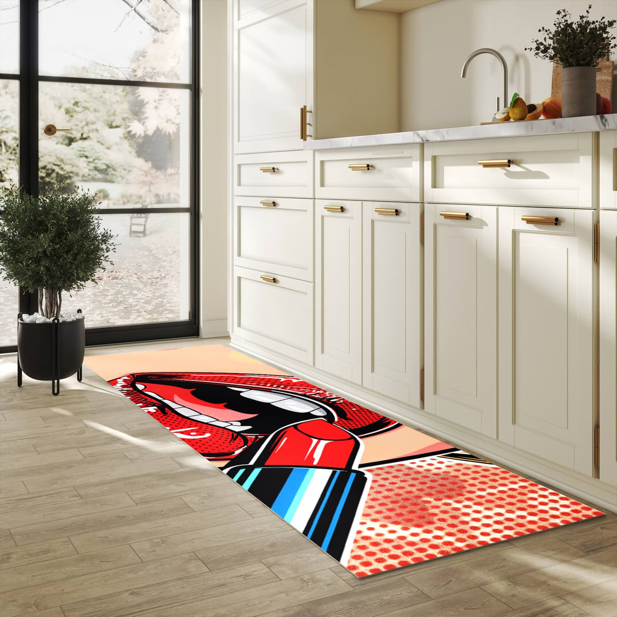 Langlebiger Küchenteppich mit Motiv Lippenstift Kunst in heller Küche