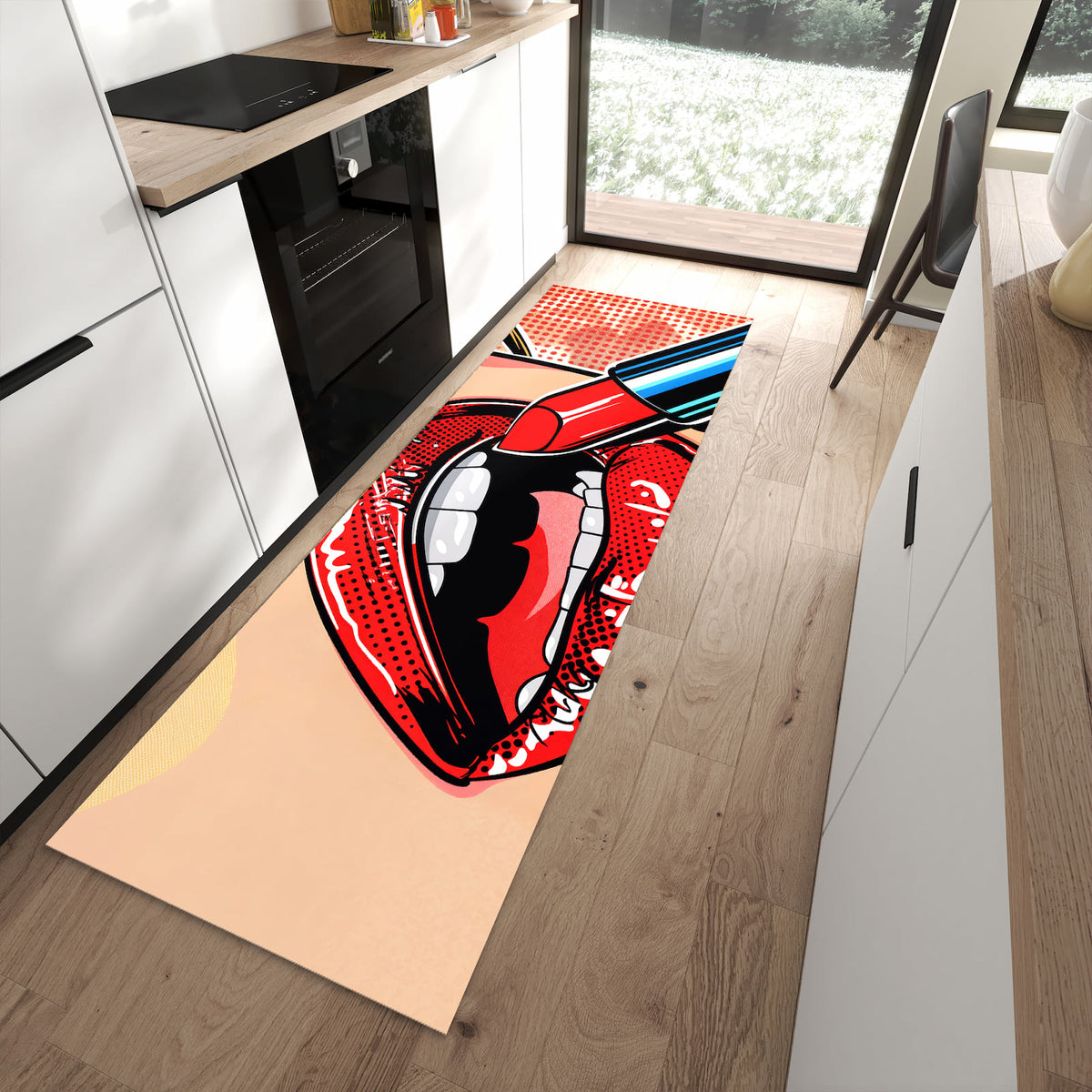 Schmutzabweisender Küchenteppich mit Motiv Lippenstift Kunst in moderner Küche