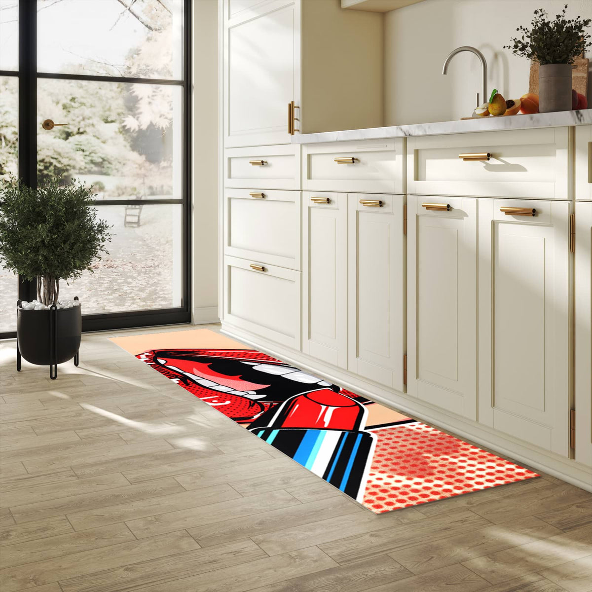 Waschbarer Teppich fürs Esszimmer mit Motiv Lippenstift Kunst in heller Küche