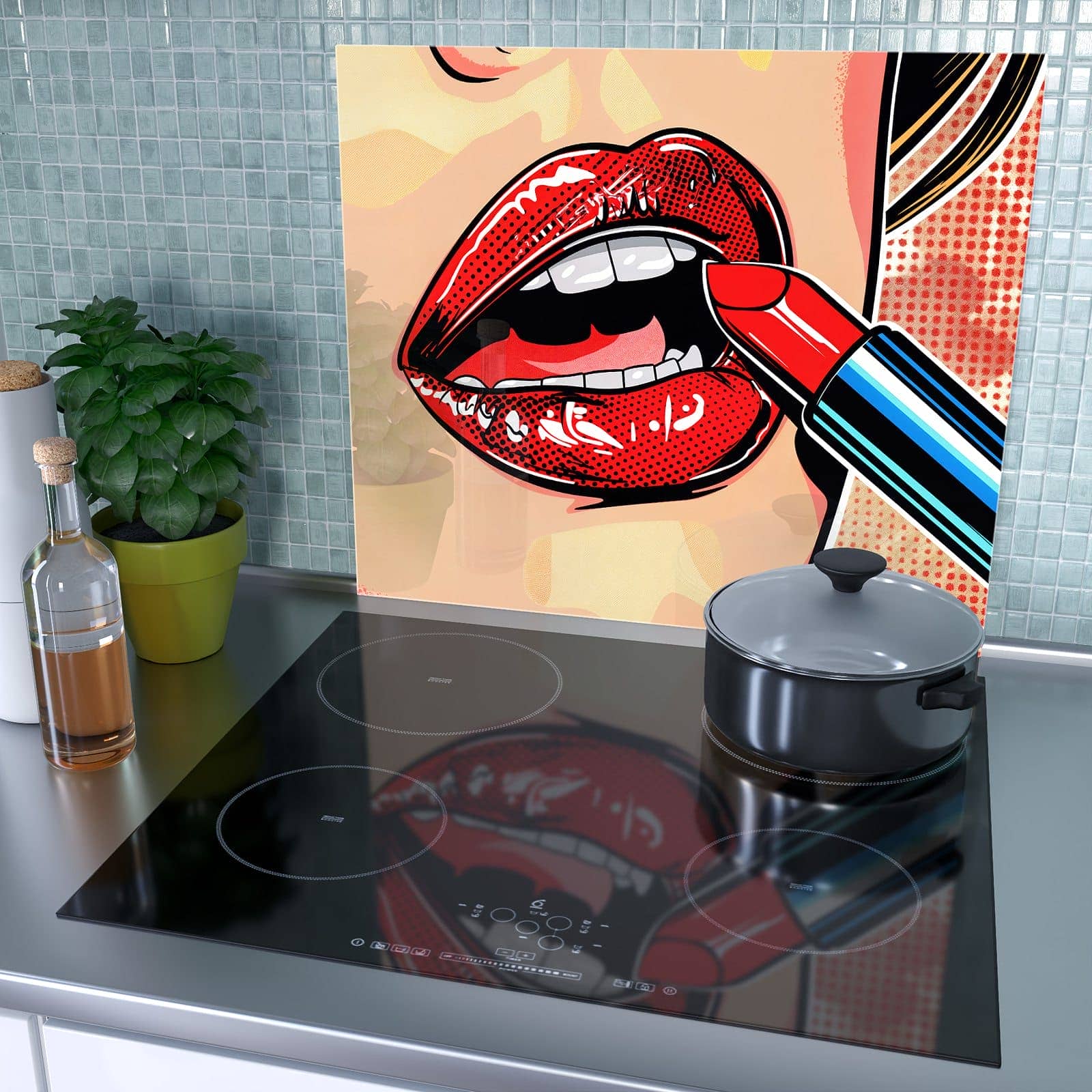 1-teilige Herdabdeckplatte mit Lippenstift Kunst-Motiv als Spritzschutz hinter dem Kochfeld