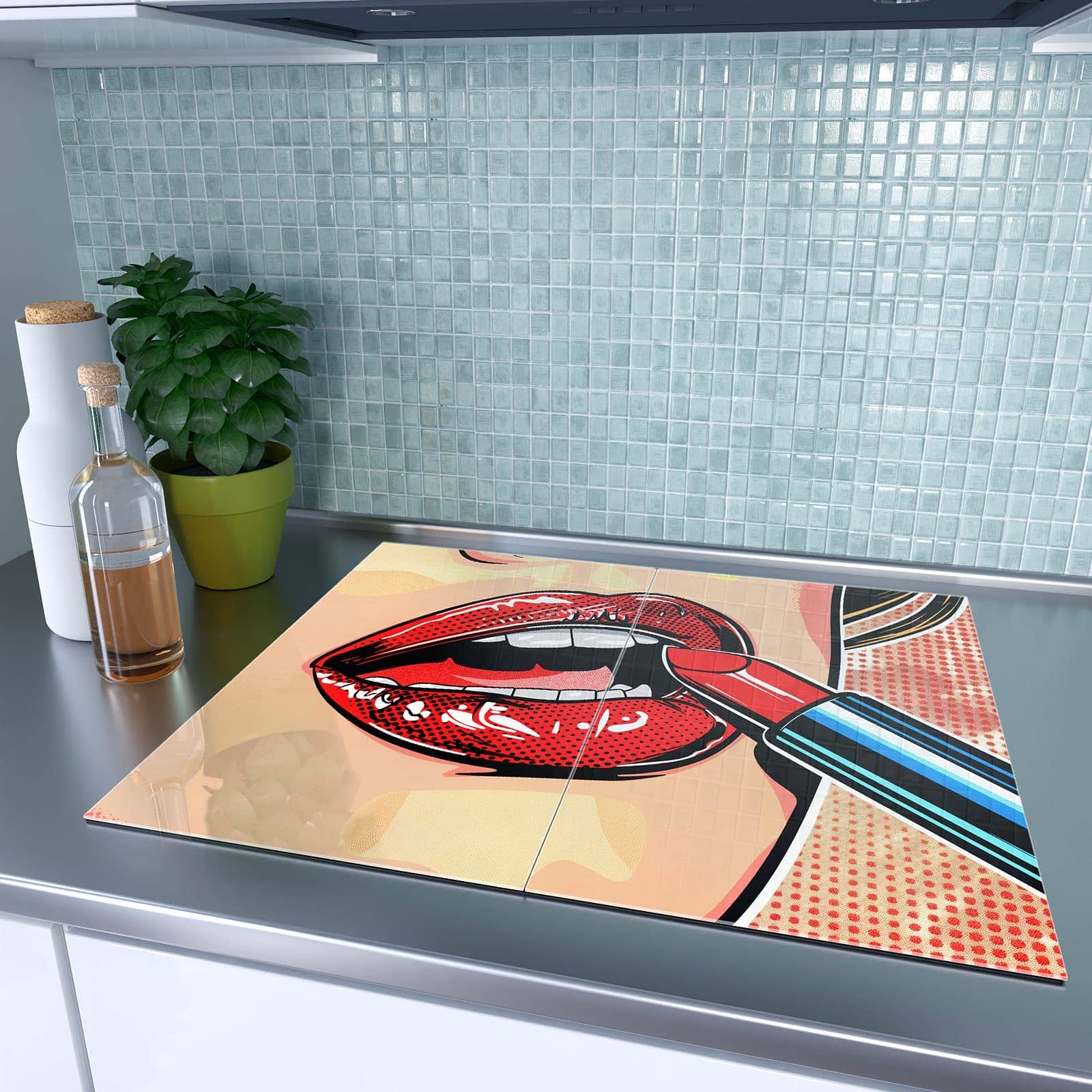 2-teilige Abdeckplatten für Ceranfeld mit Lippenstift Kunst-Motiv auf dem Ceranfeld
