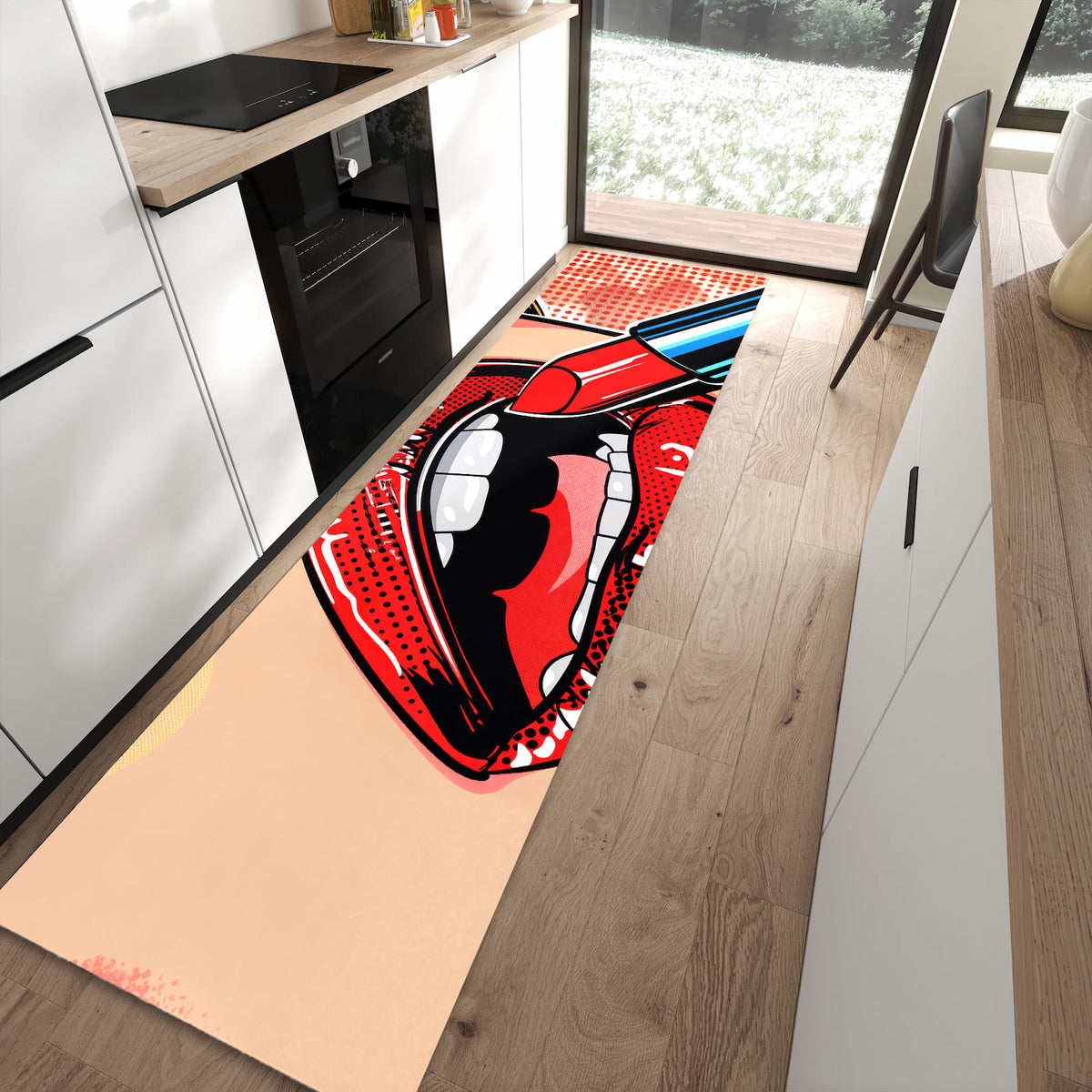 Langlebiger Küchenteppich mit Motiv Lippenstift Kunst in moderner Küche