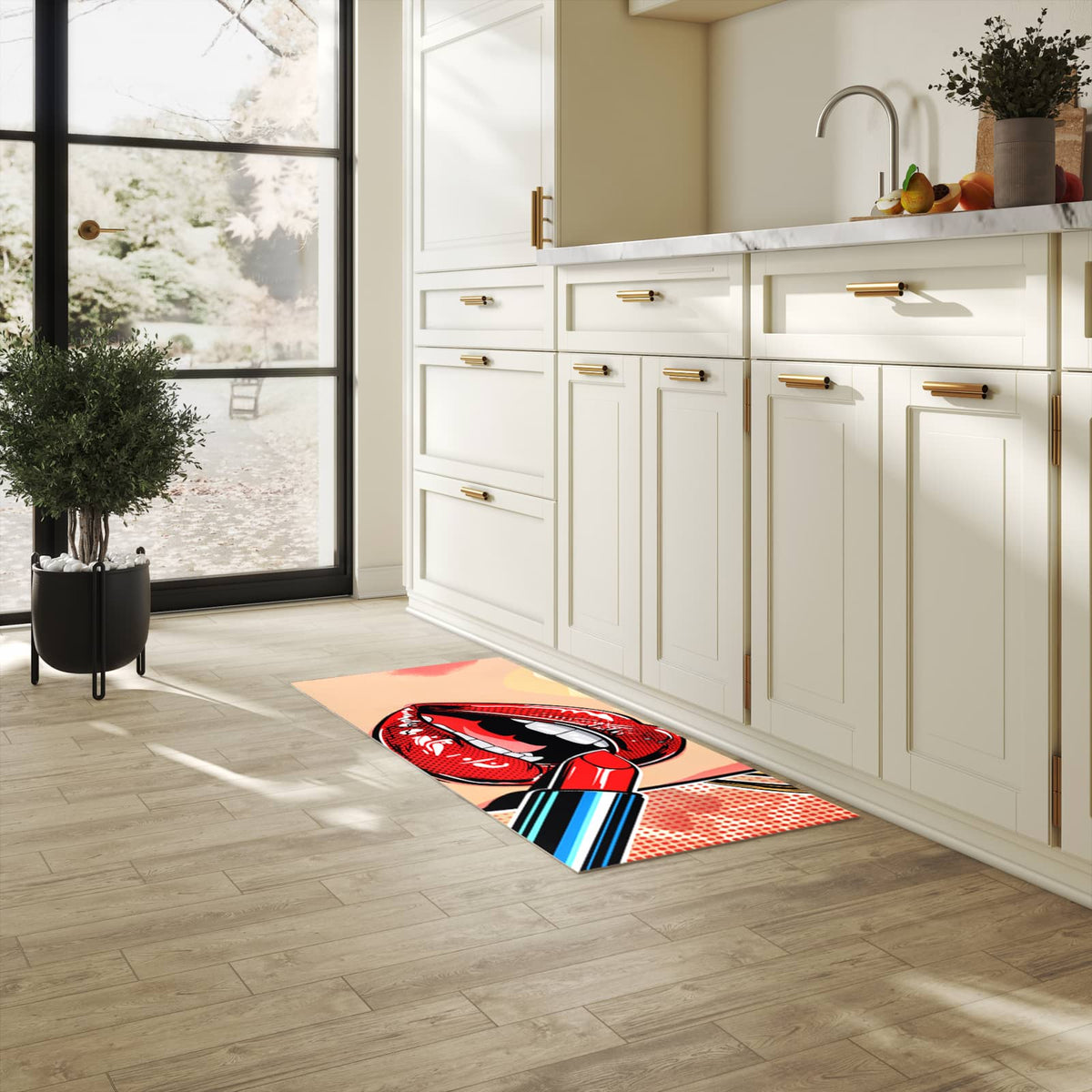 Pflegeleichter dünner Teppich mit Motiv Lippenstift Kunst in heller Küche