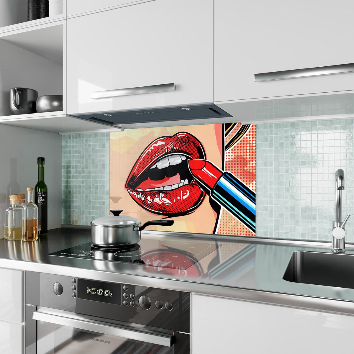 Küchenrückwand aus Glas Roter Lippenstift im Hochformat als Spritzschutz hinter dem Kochfeld, über dem Fliesenspiegel montiert