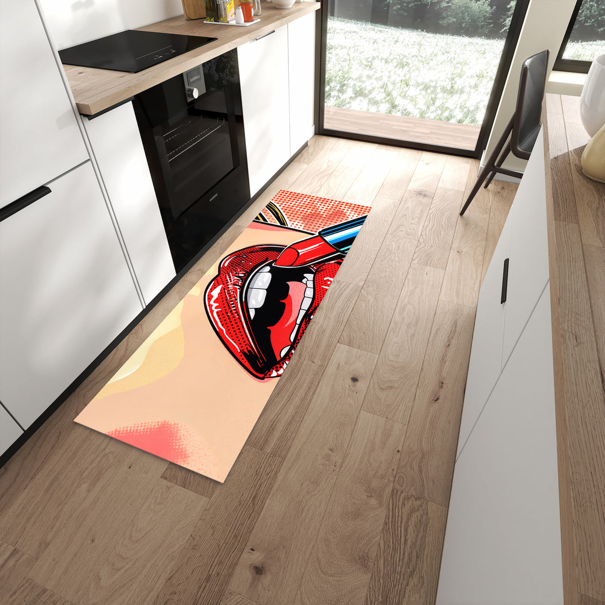 Geräuschdämpfender Teppich für Esstisch mit Motiv Lippenstift Kunst in moderner Küche