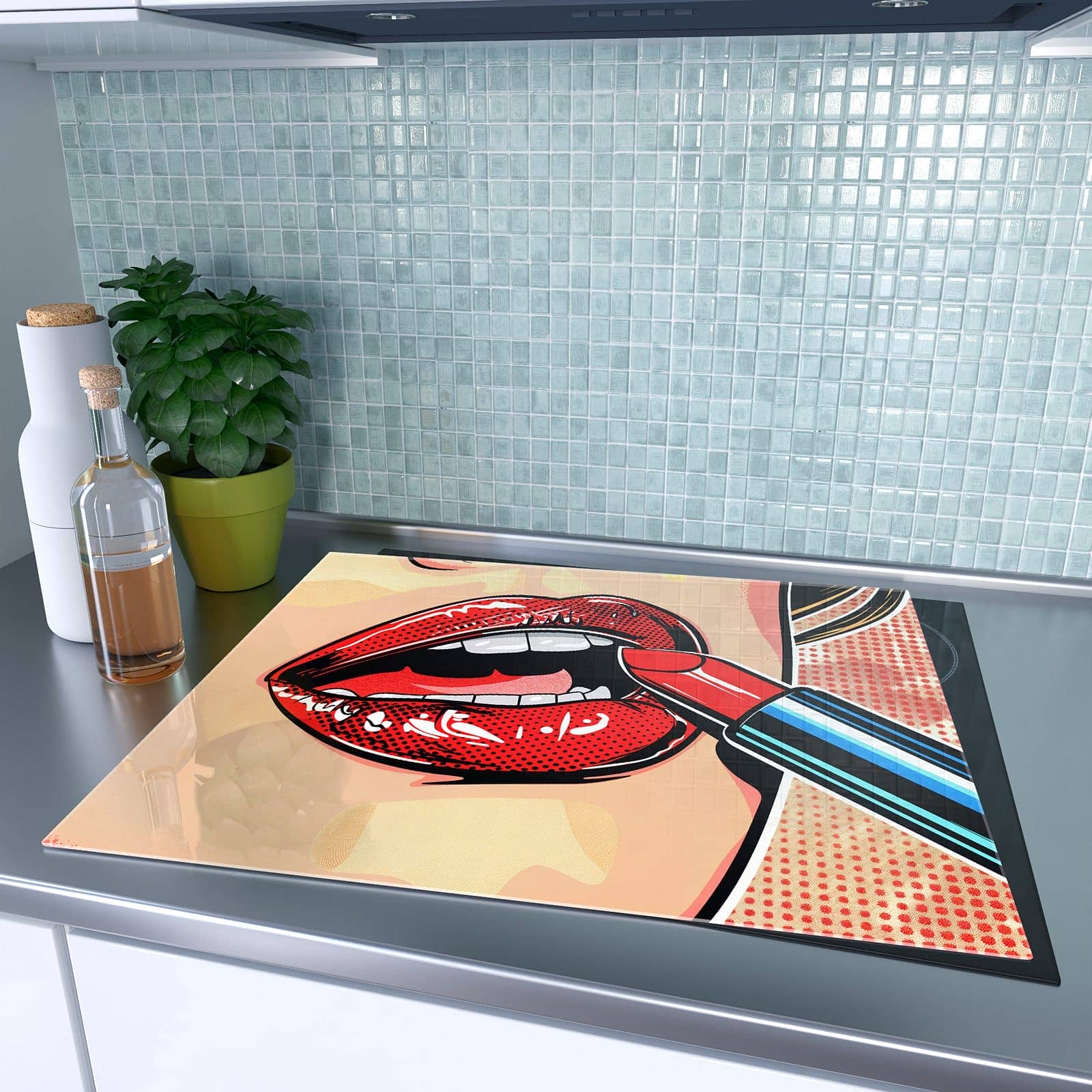 1-teilige Herdabdeckplatte für Ceranfeld mit Lippenstift Kunst-Motiv in moderner Küche