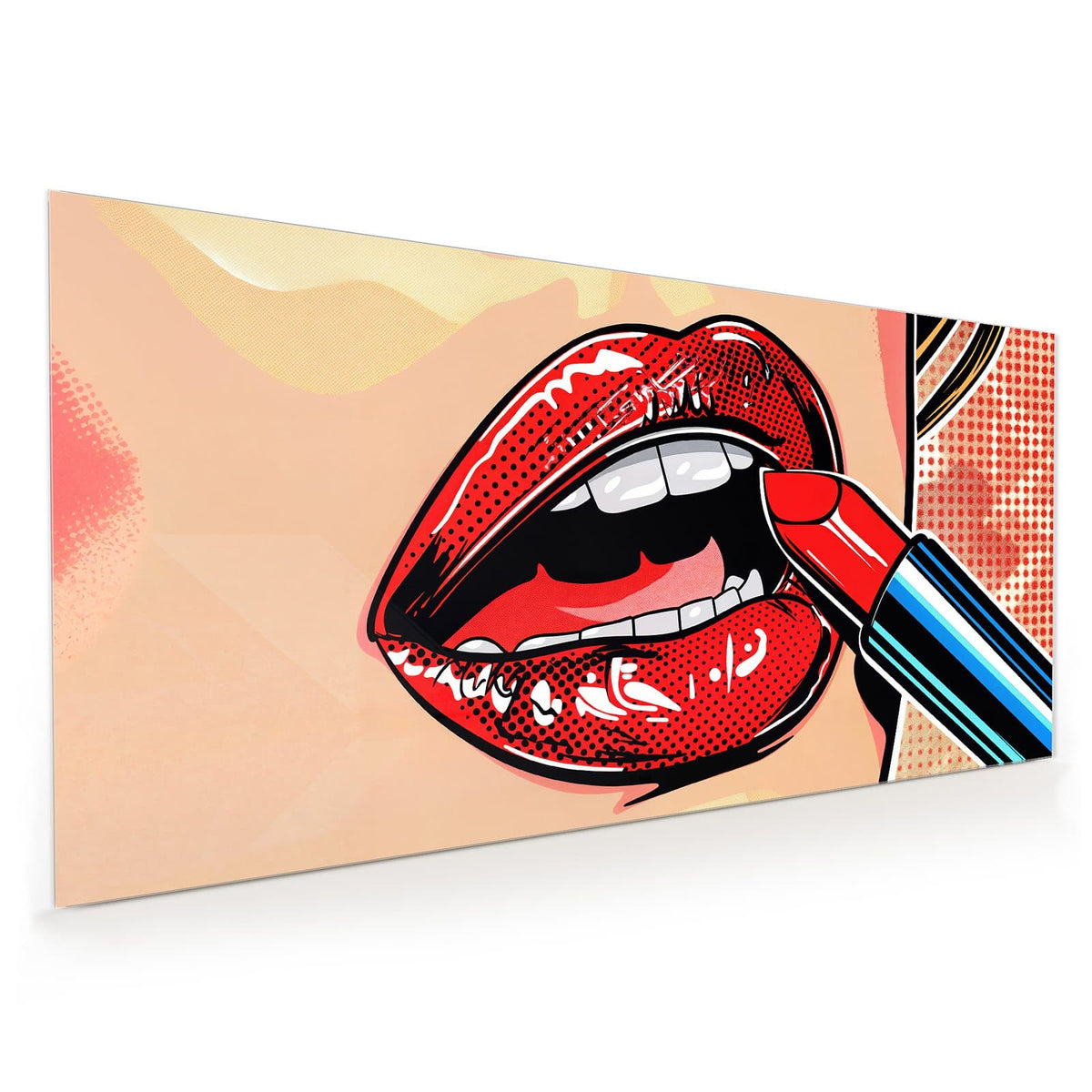 Küchenrückwand aus Glas im Hochformat: Comic-Lippen in Rot im Rasterdruck, ein roter Lippenstift wird angesetzt