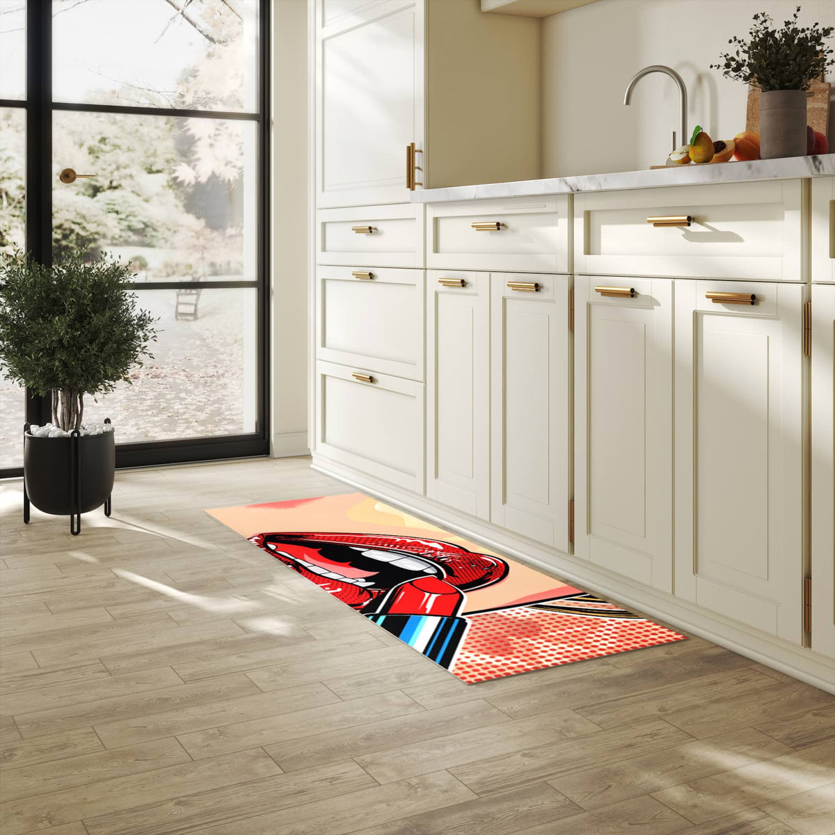 Komfortabler rutschfester Küchenteppich mit Motiv Lippenstift Kunst in heller Küche