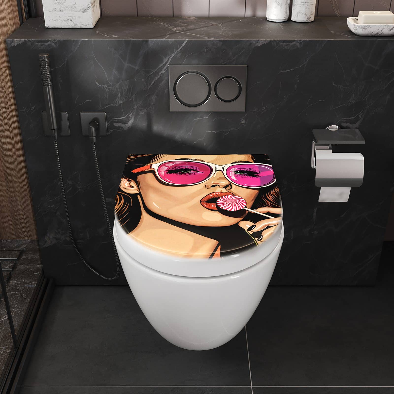 WC-Sitz mit Absenkautomatik Mit und Frau