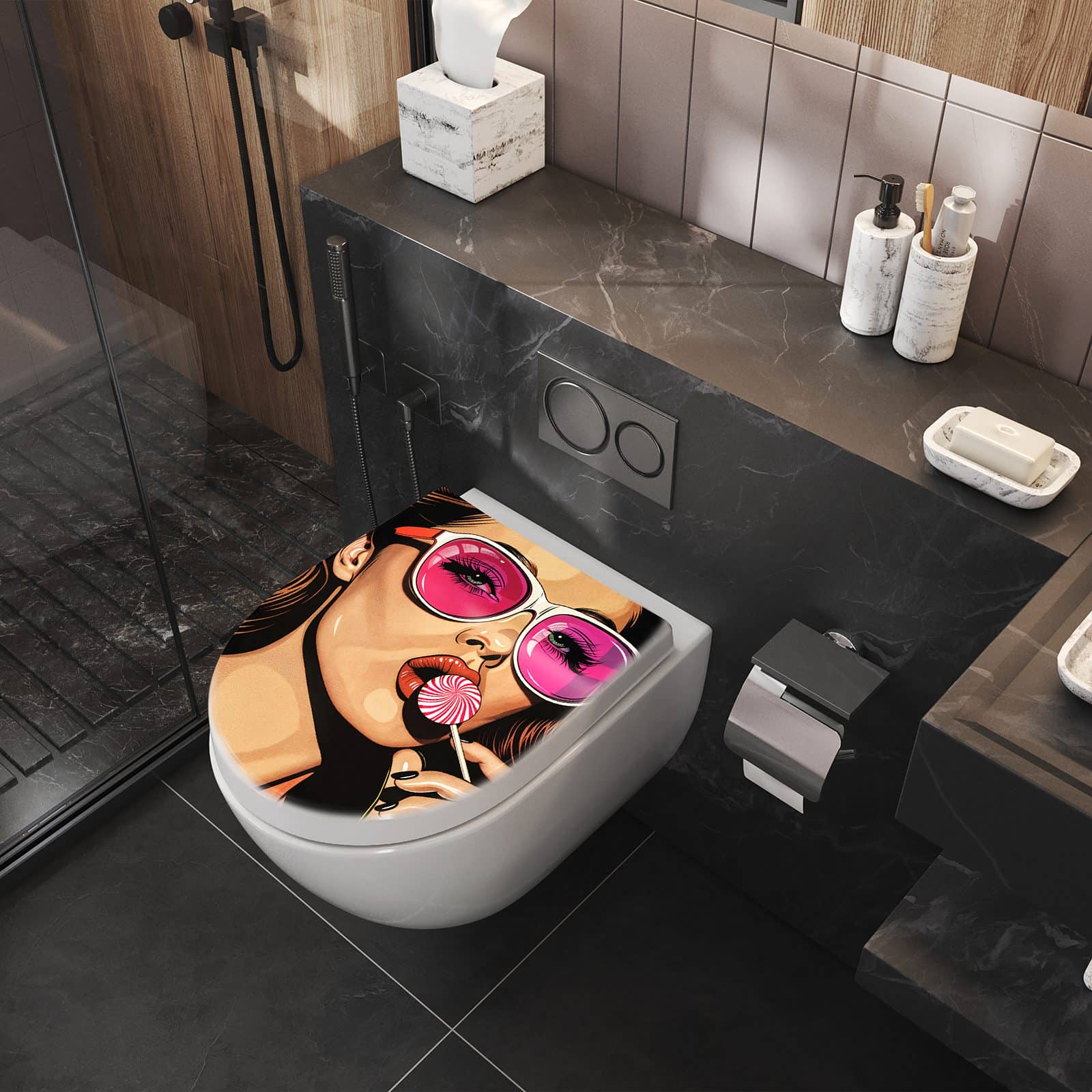WC-Sitz mit Absenkautomatik Mit und Frau