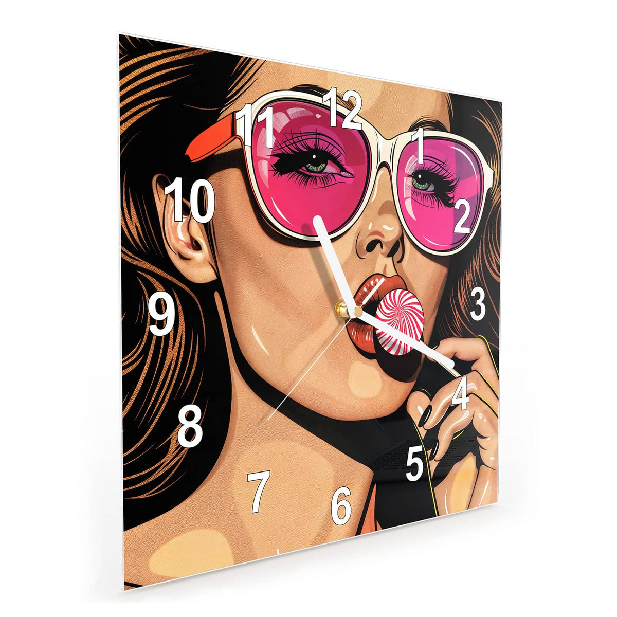 Quadratische Wanduhr aus Glas Pinke Sonnenbrille schräg von der Seite, 4 mm starkes Glas
