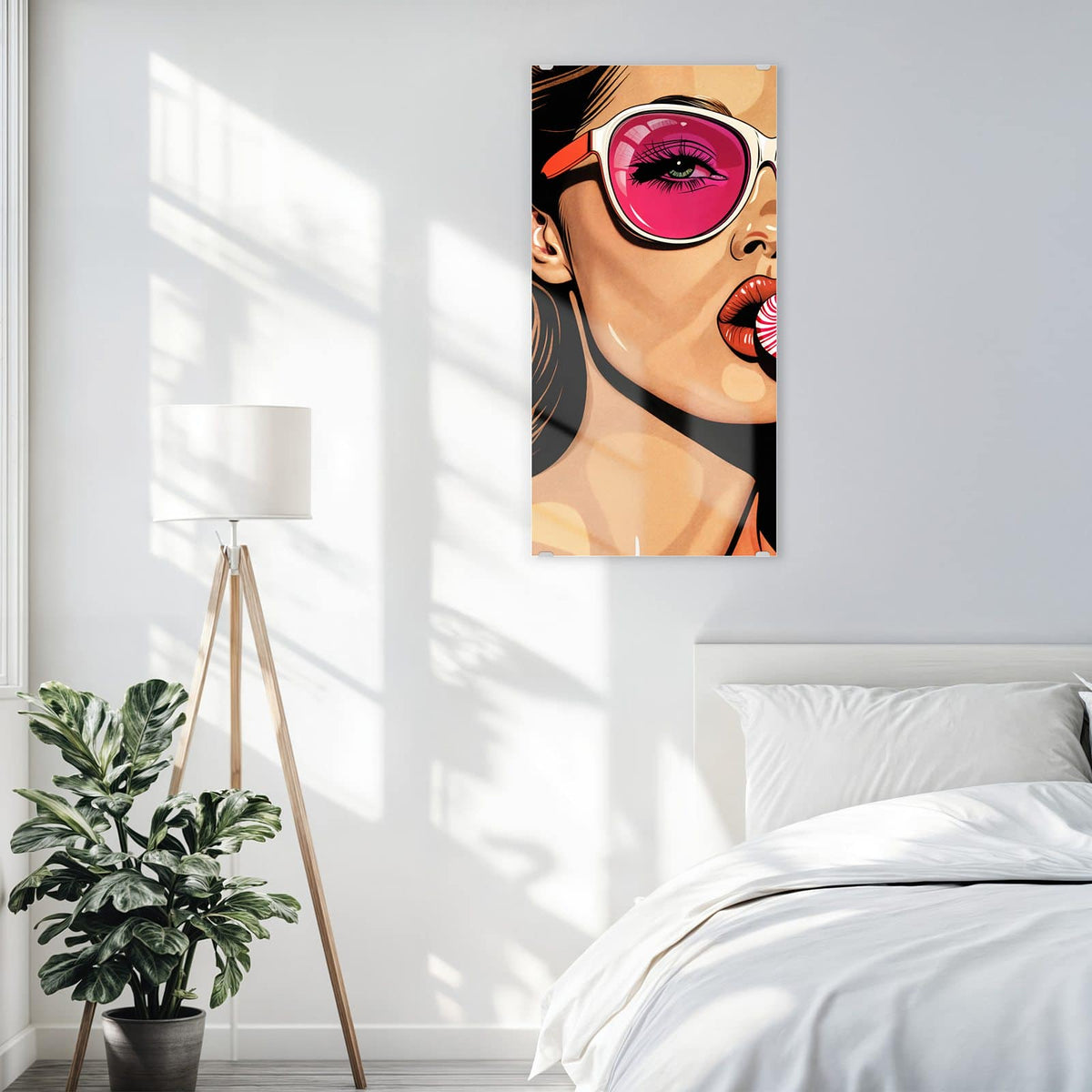 Wandbild aus Glas Pinke Sonnenbrille über einem Bett im hellen Schlafzimmer