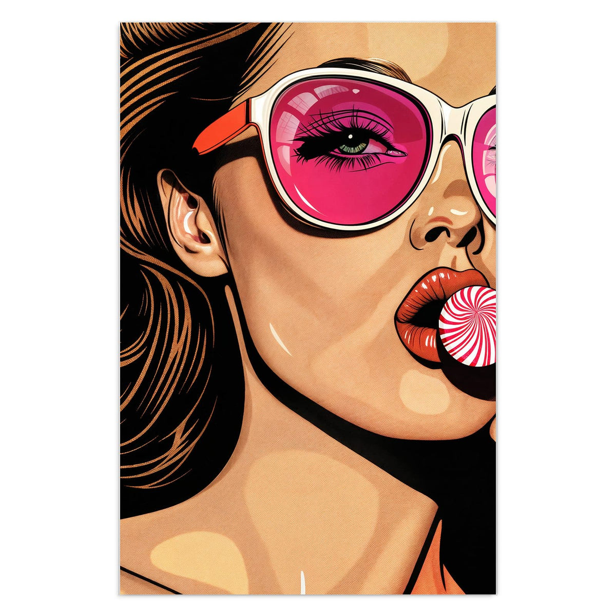 Wandbild aus Glas: Pop-Art-Frau mit pink verspiegelter Sonnenbrille, die an einem Lolli lutscht