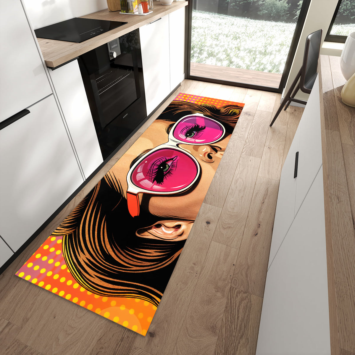 Bodenschonender langer Teppich mit Motiv Mit und Frau in moderner Küche