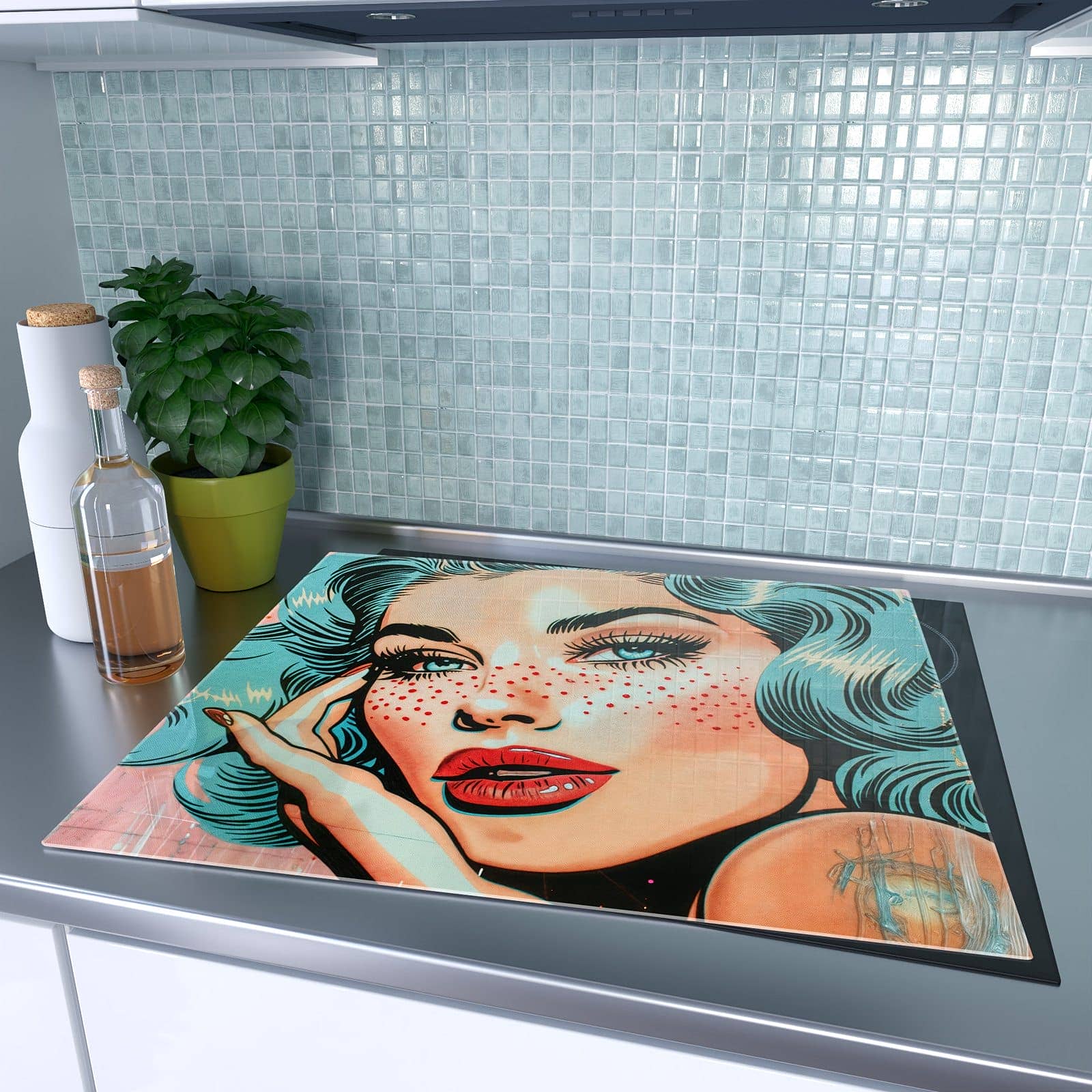 1-teilige Herd Schutzplatte mit Pop Art Porträt-Motiv auf dem Ceranfeld