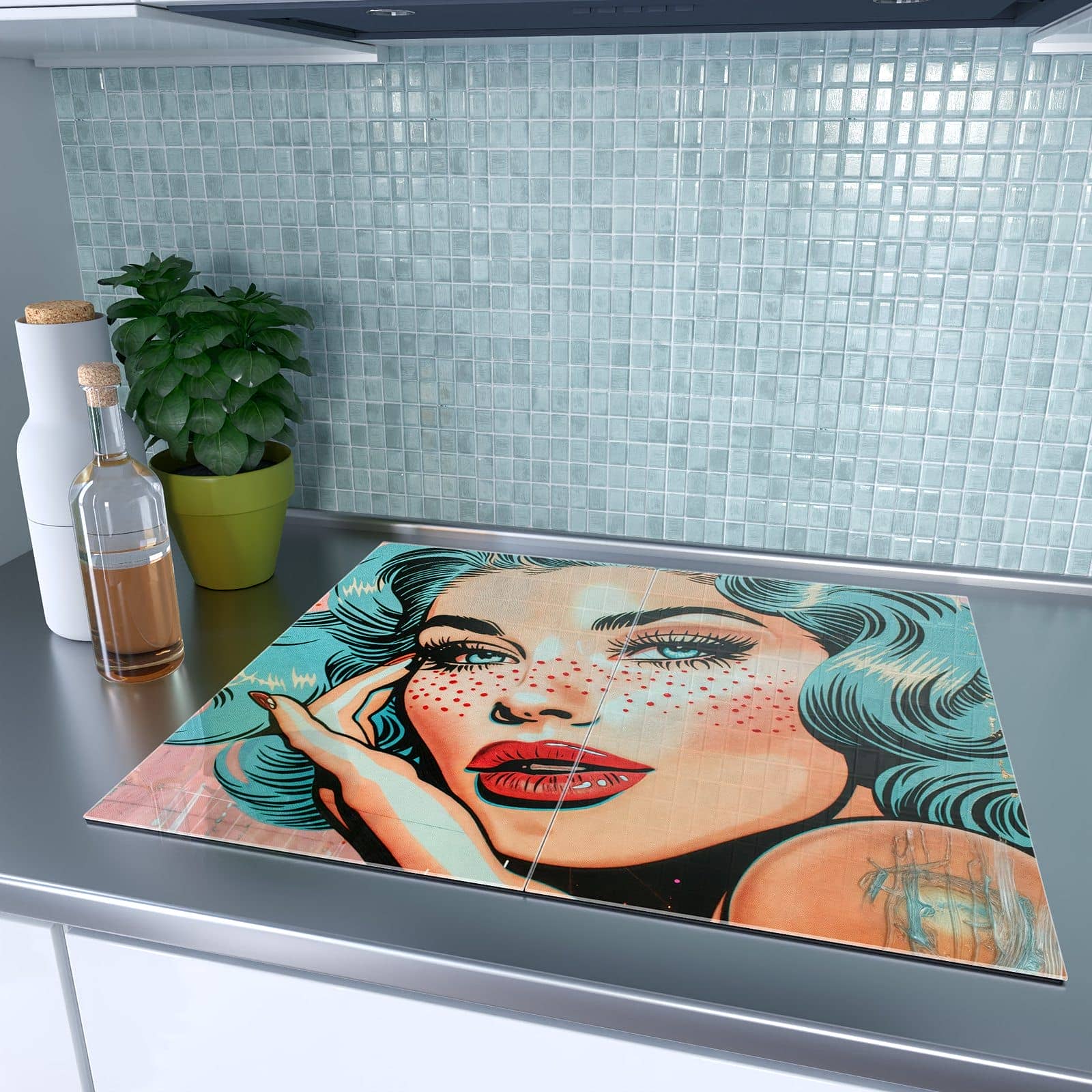 2-teilige Ceranfeld Abdeckplatten mit Pop Art Porträt-Motiv auf dem Ceranfeld