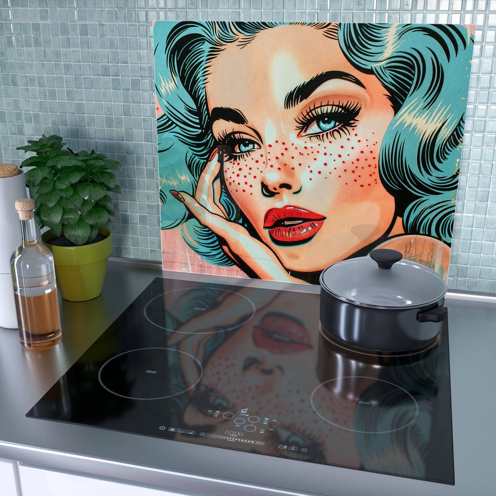 1-teilige Herdabdeckplatte mit Pop Art Porträt-Motiv als Spritzschutz hinter dem Kochfeld