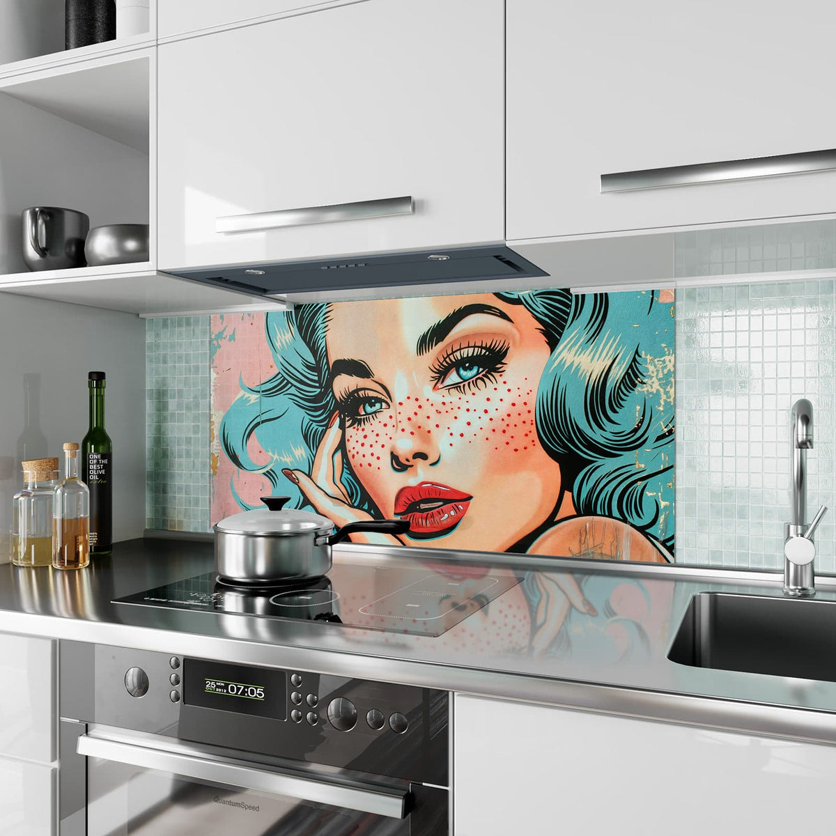 Küchenrückwand aus Glas Frau mit Sommersprossen im Hochformat als Spritzschutz hinter dem Kochfeld, über dem Fliesenspiegel montiert