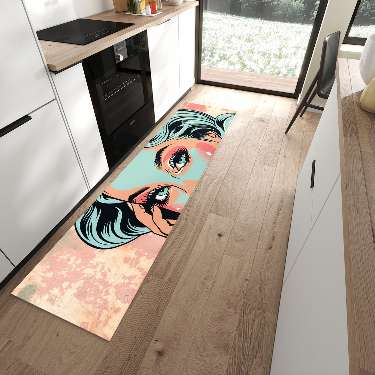 Langlebiger Küchenläufer mit Motiv Comic Porträt Kunst in moderner Küche