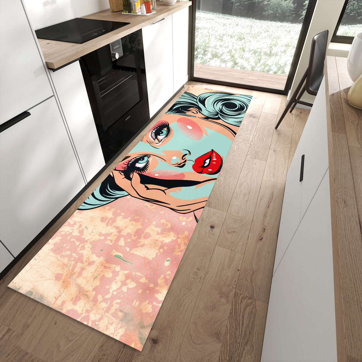 Farbbeständiger Küchenläufer mit Motiv Comic Porträt Kunst in moderner Küche