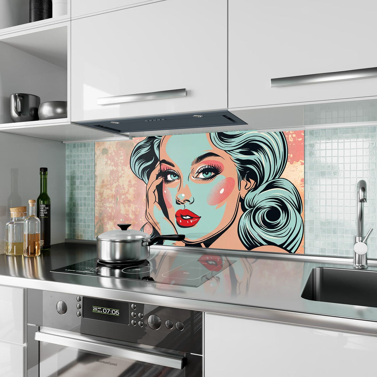 Küchenrückwand aus Glas Comic Porträt in Mint im Hochformat als Spritzschutz hinter dem Kochfeld, über dem Fliesenspiegel montiert